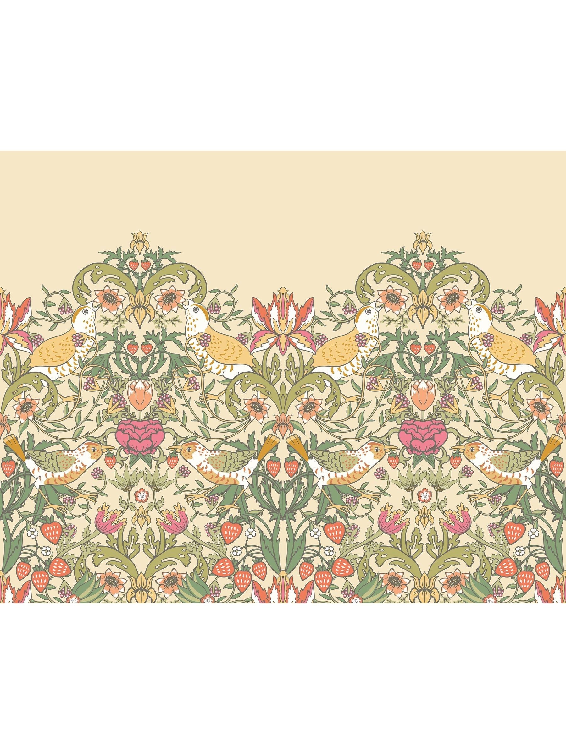 Origin Murals wallpaper sample with gold and olive birds and foliage, UK version