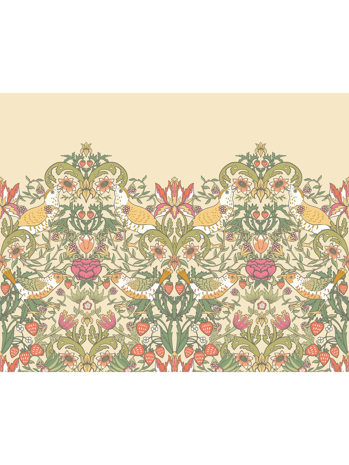 Origin Murals wallpaper sample with gold and olive birds and foliage, UK version
