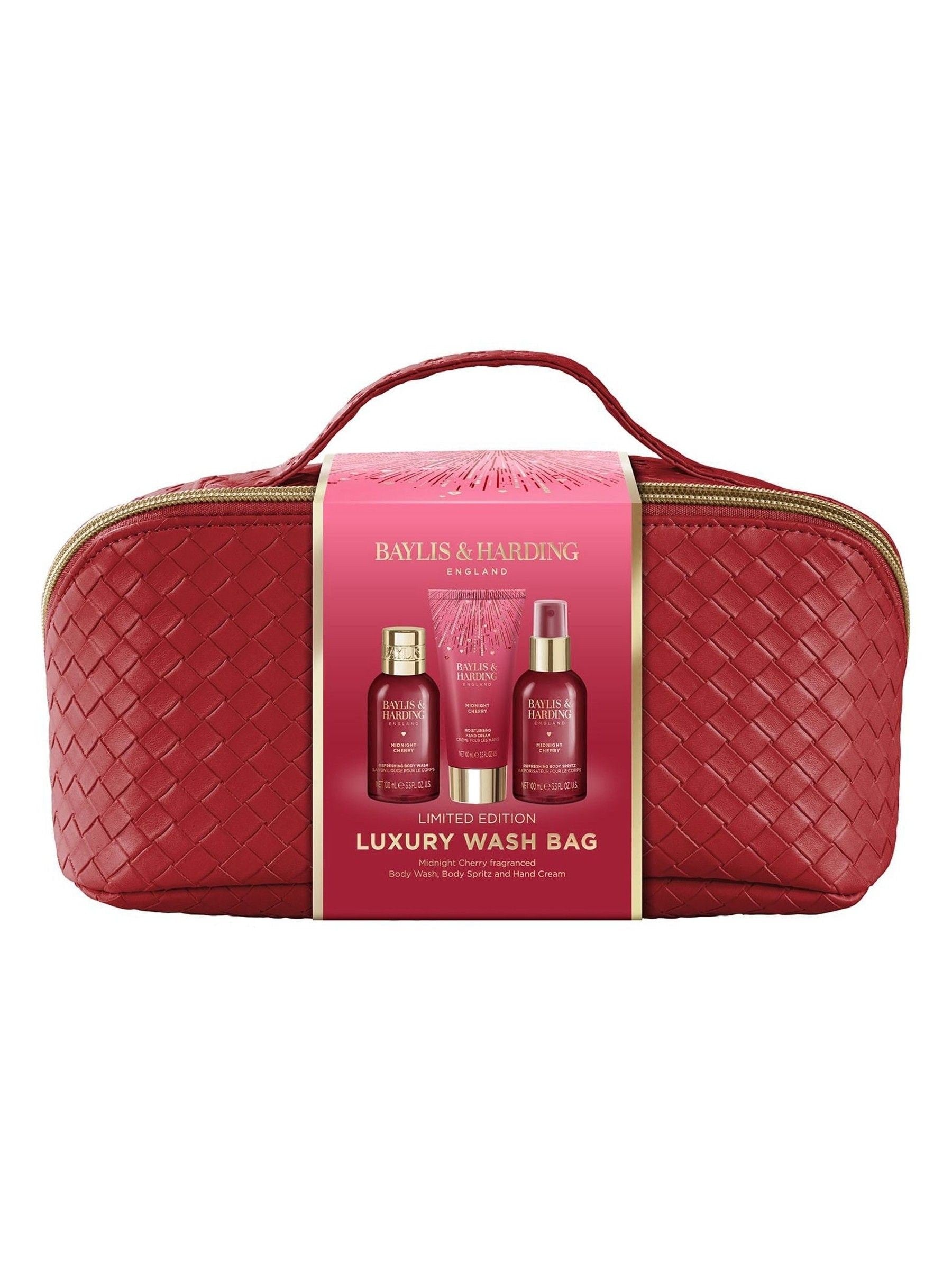 Baylis & Harding Midnight Cherry wash bag set, imported from the UK