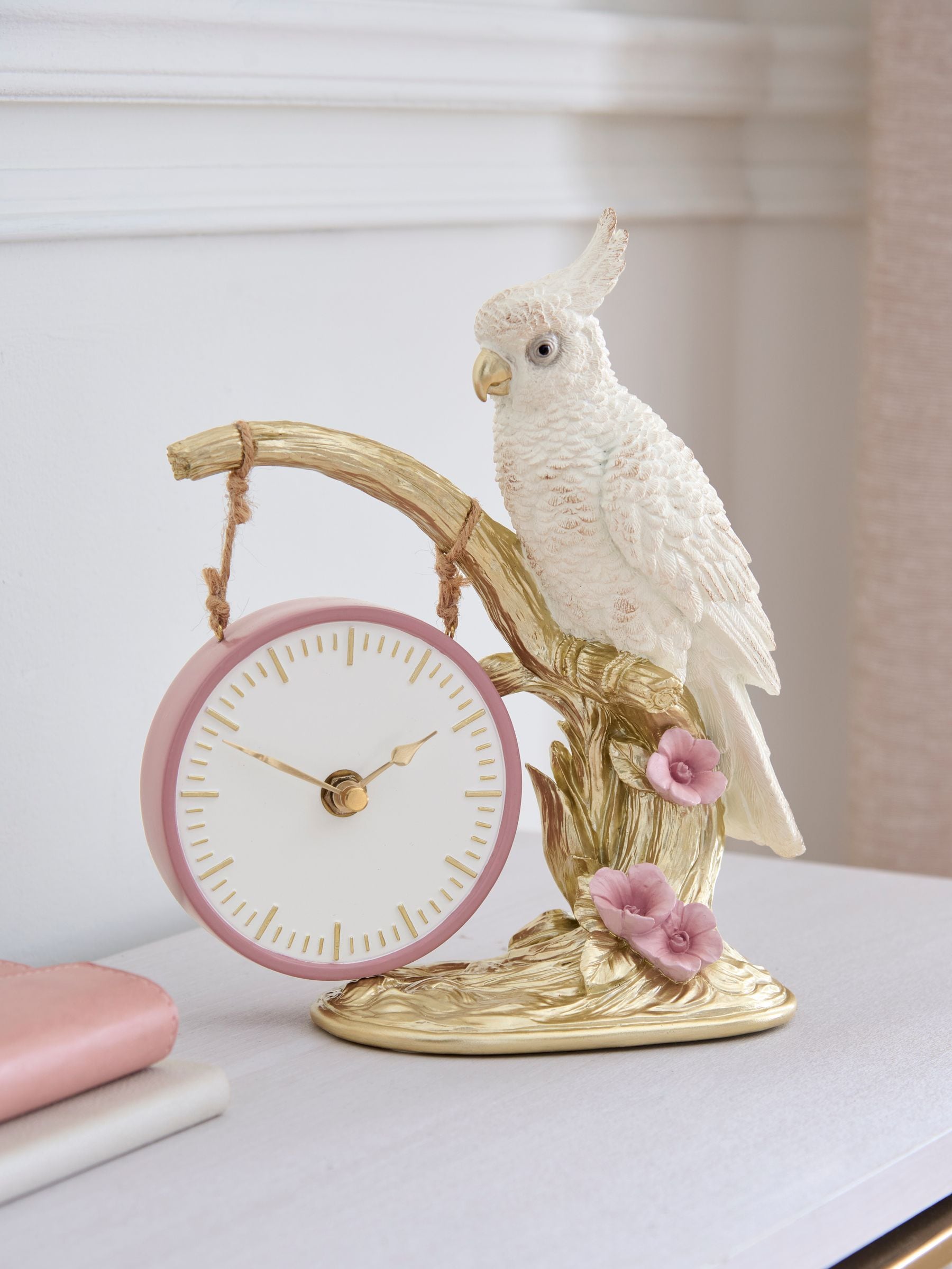 White Gold Cockatoo Mantel Clock 26cm - British product