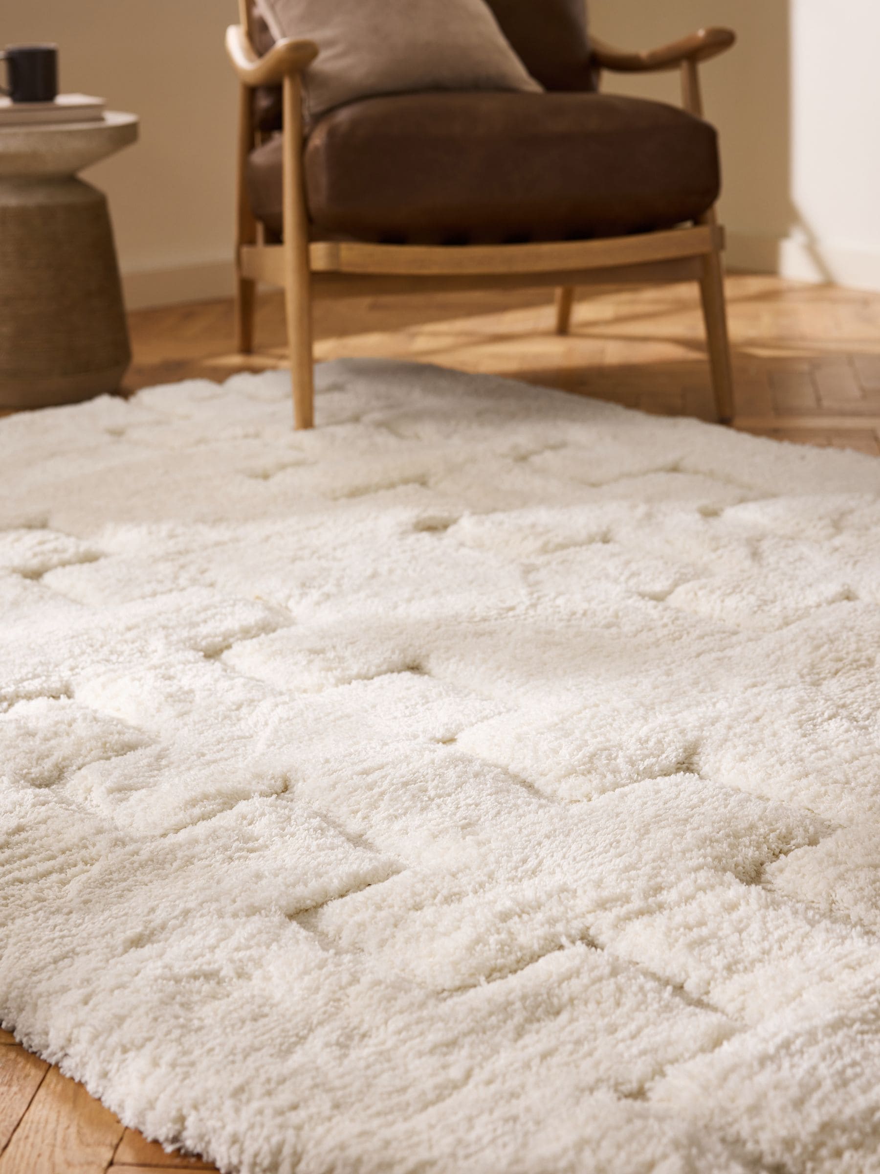 Carved geo shaggy rug, light natural, soft high-pile texture (British brand)