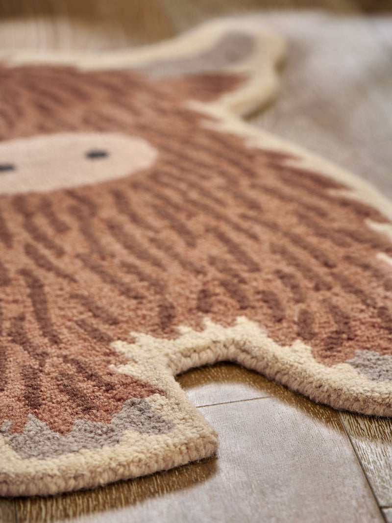 Natural wool shaped rug Hamish Highland Cow 80cm x 76cm, imported from the UK