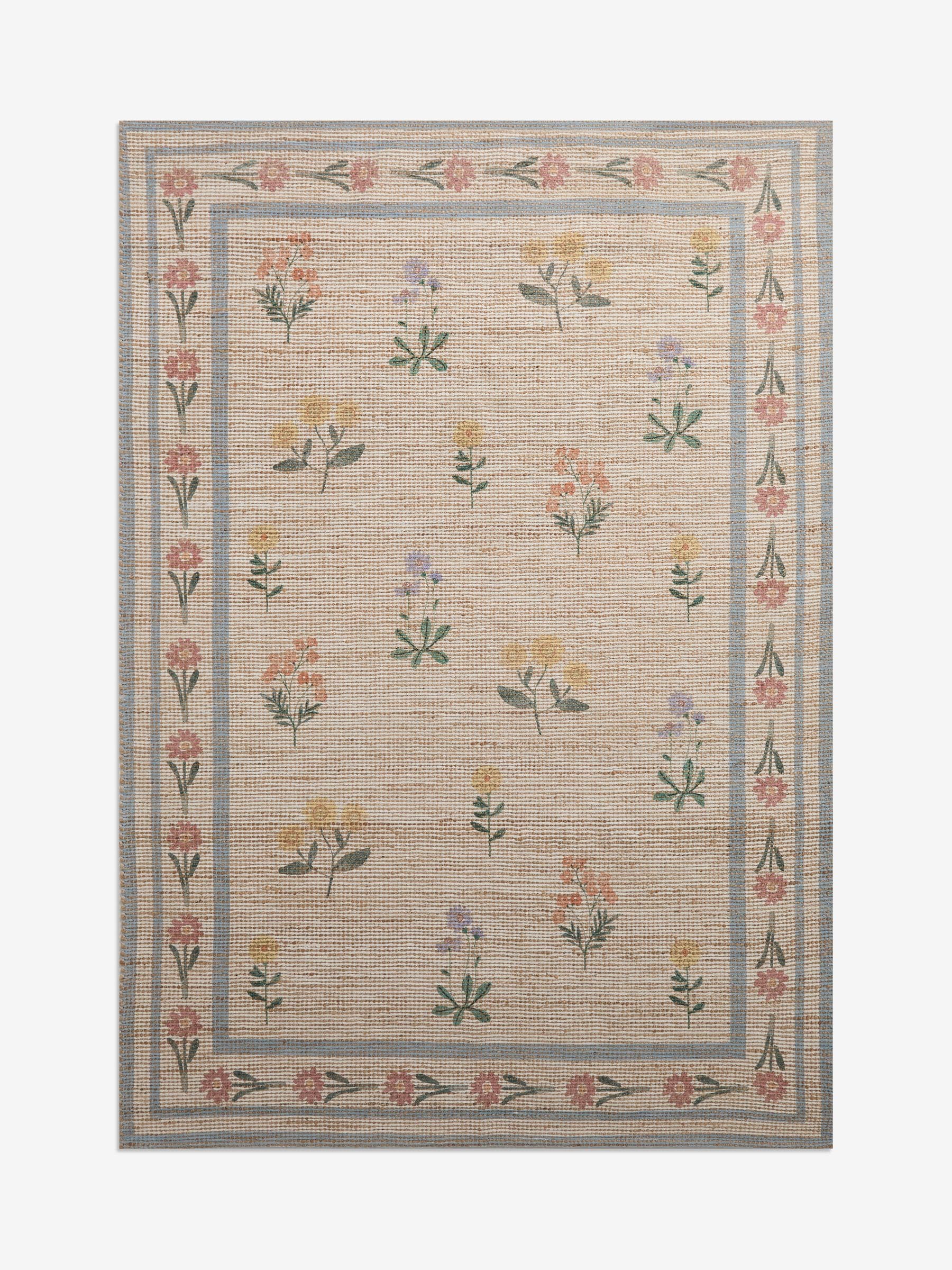 Natural jute rug with floral border, imported from the UK