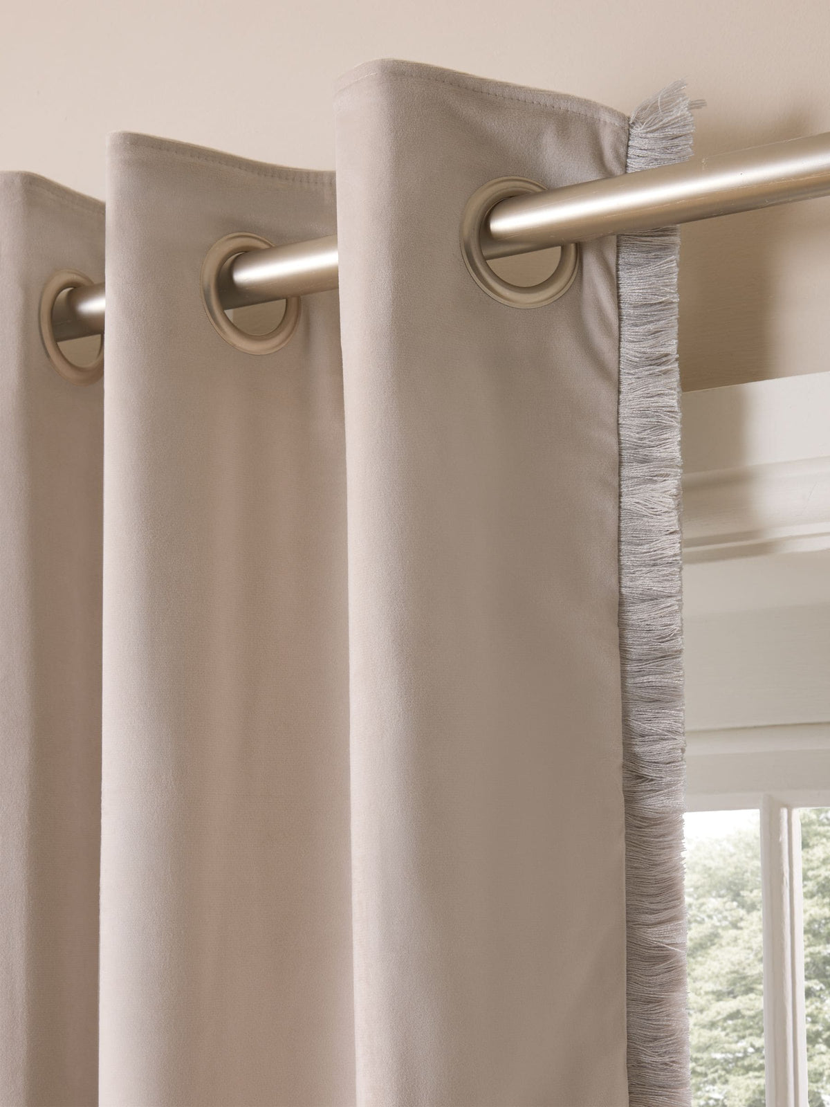 Pink rose velvet blackout curtains with fringe trim - British product