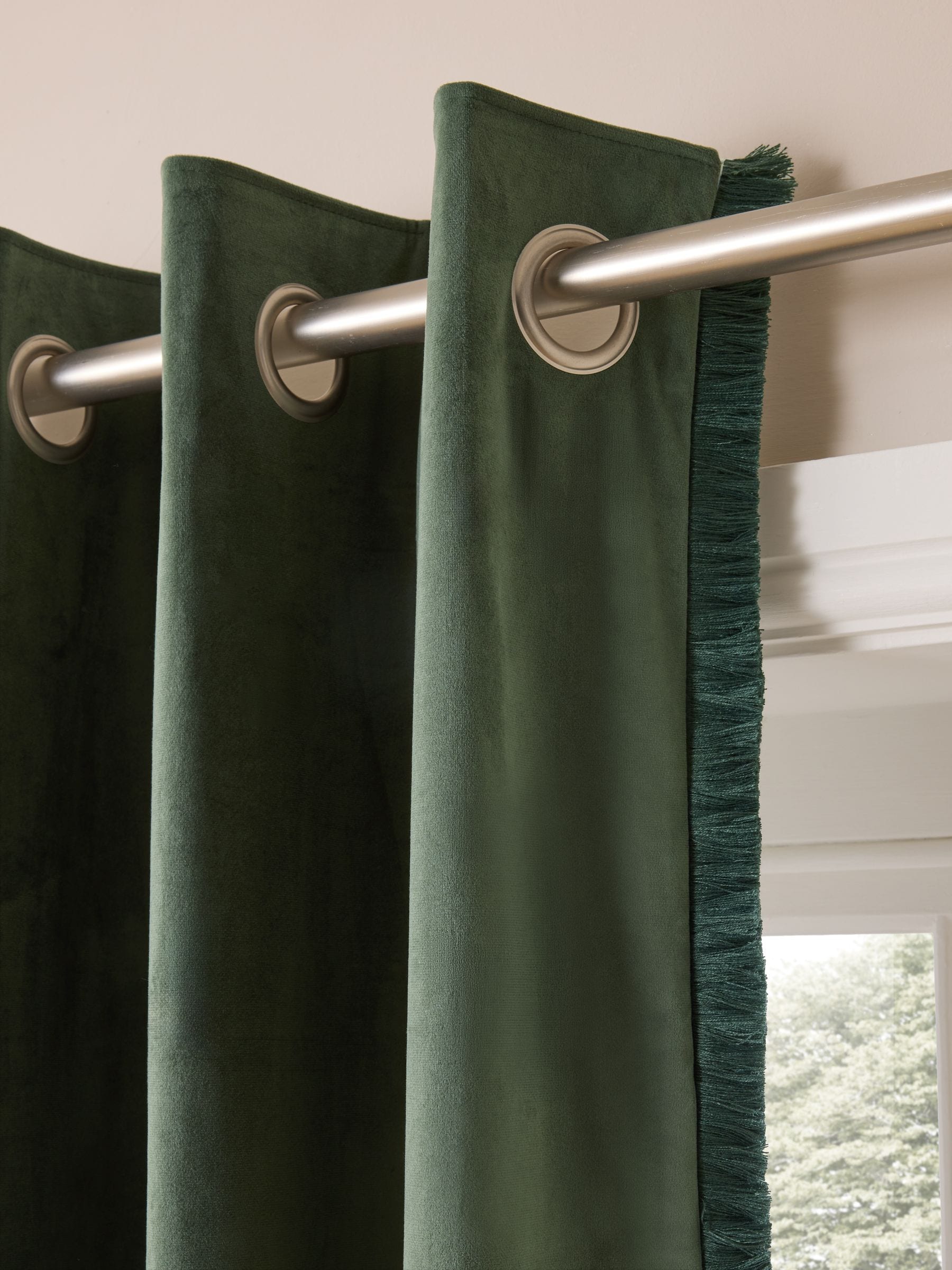 Green Dark Matte Velvet Fringe Blackout/Thermal Eyelet Curtains