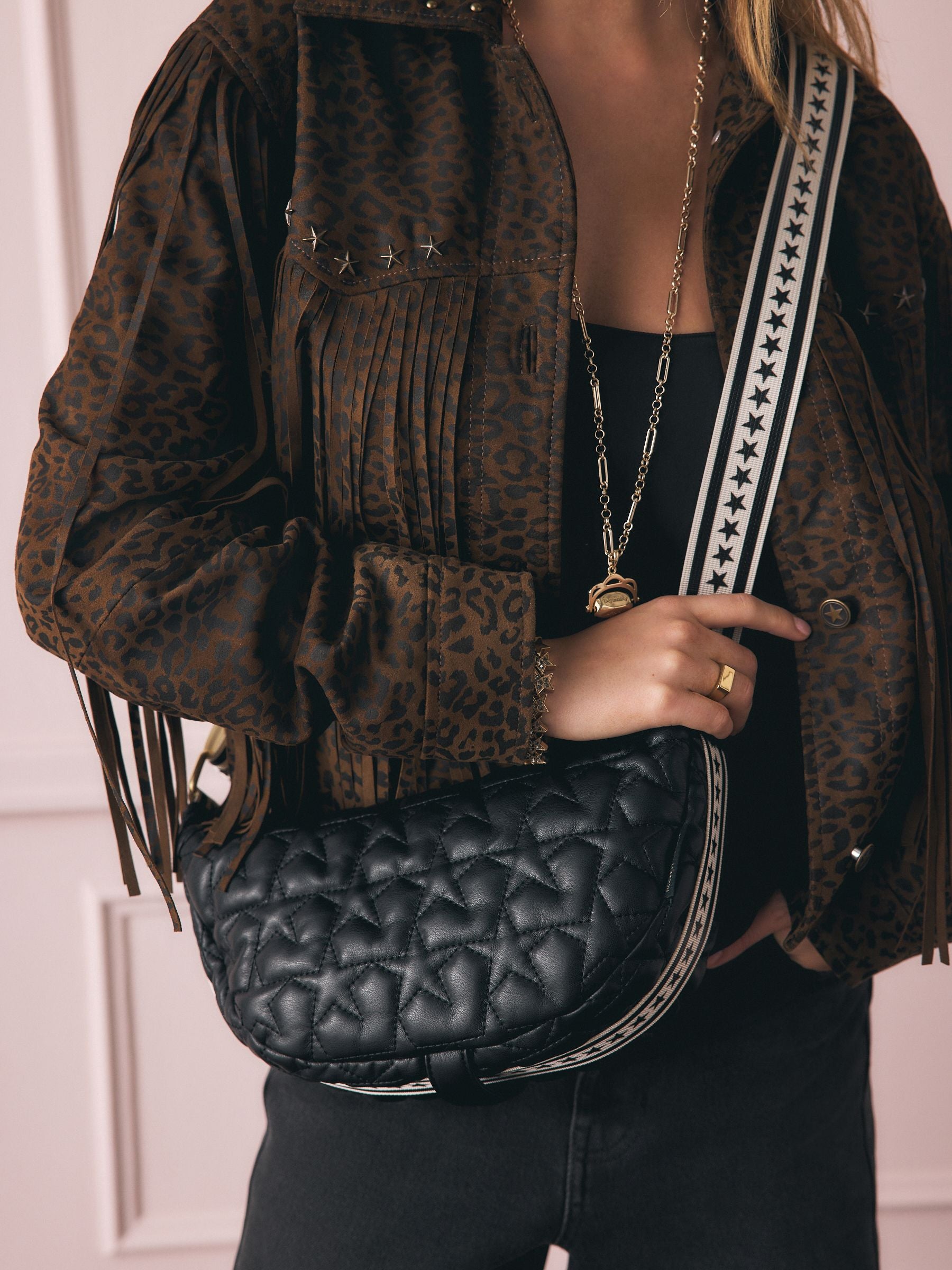 Rockett St George black quilted star strap bag, imported from the UK