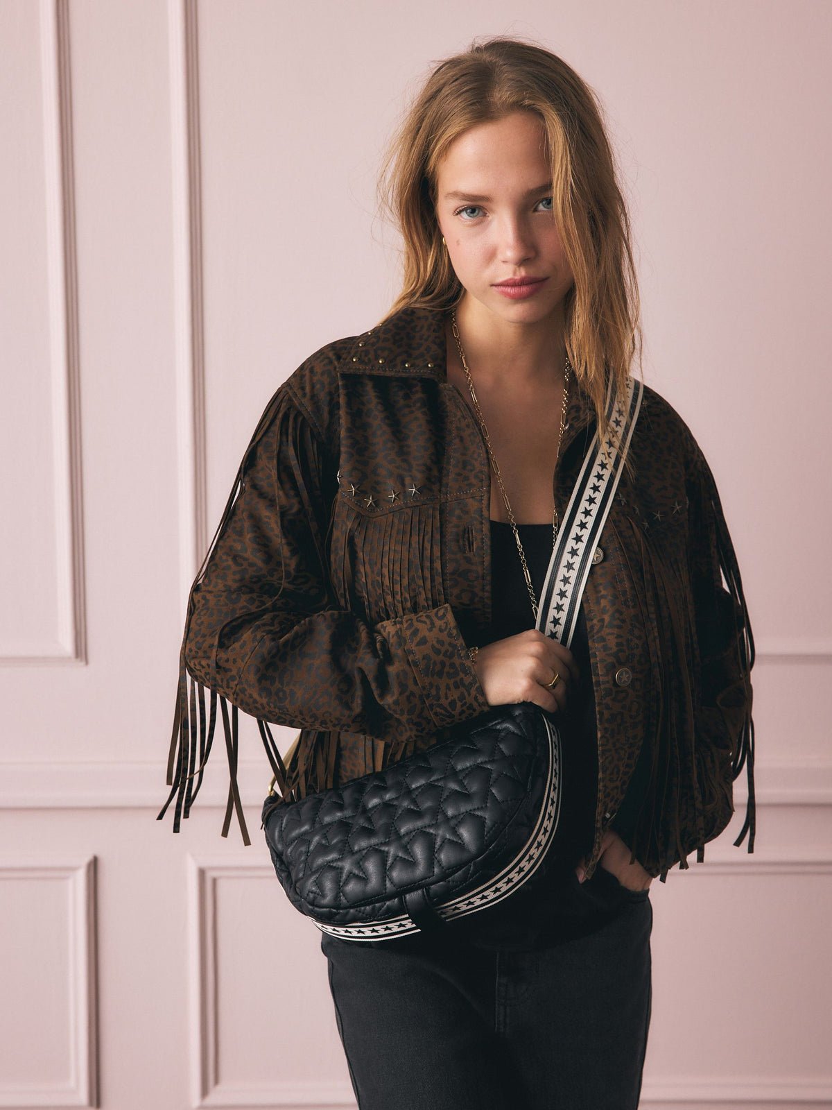 Rockett St George black quilted star strap bag, imported from the UK