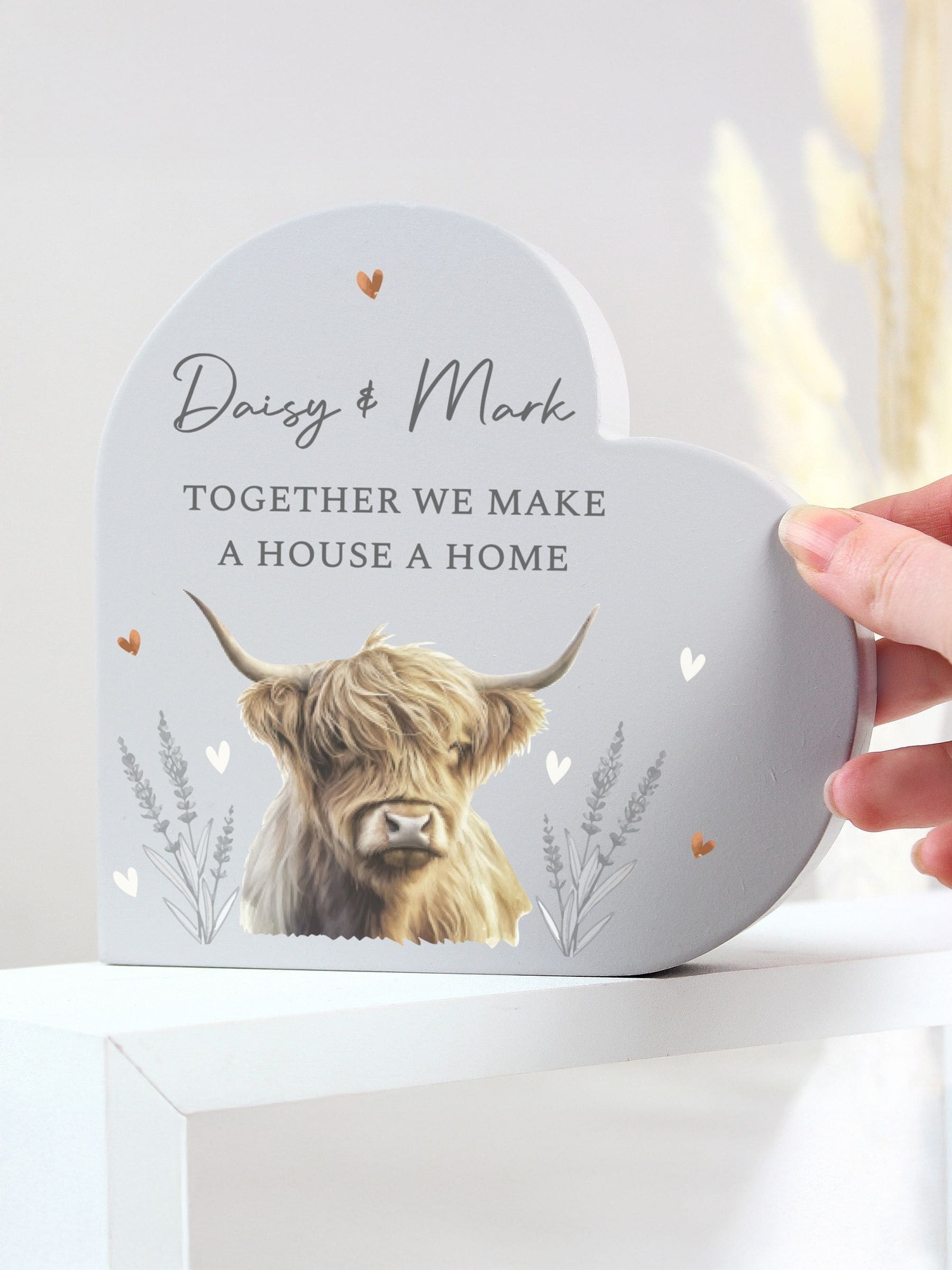 PMC personalised Highland cow wooden heart ornament (British brand)