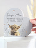 PMC personalised Highland cow wooden heart ornament (British brand)