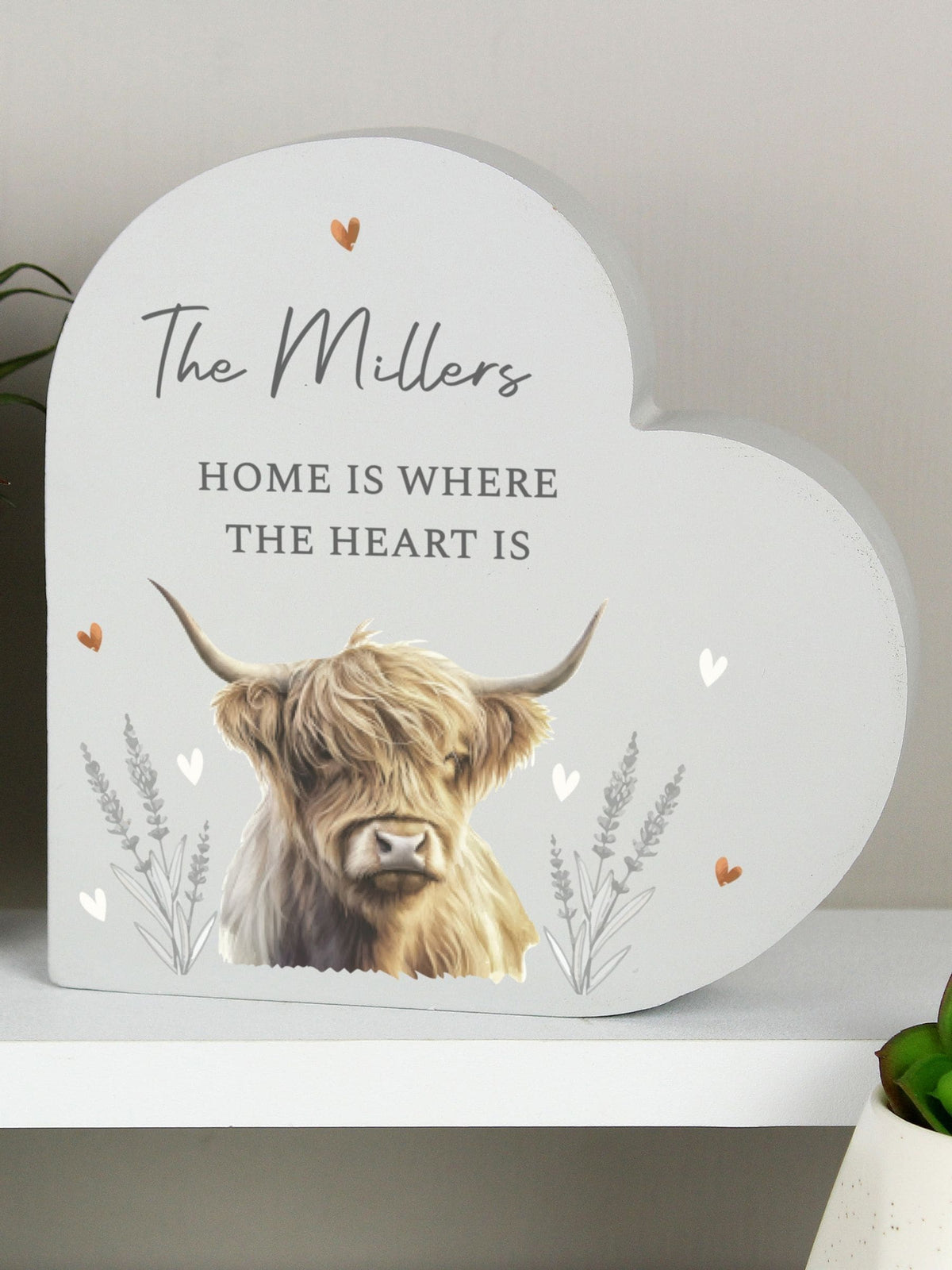 PMC personalised Highland cow wooden heart ornament (British brand)