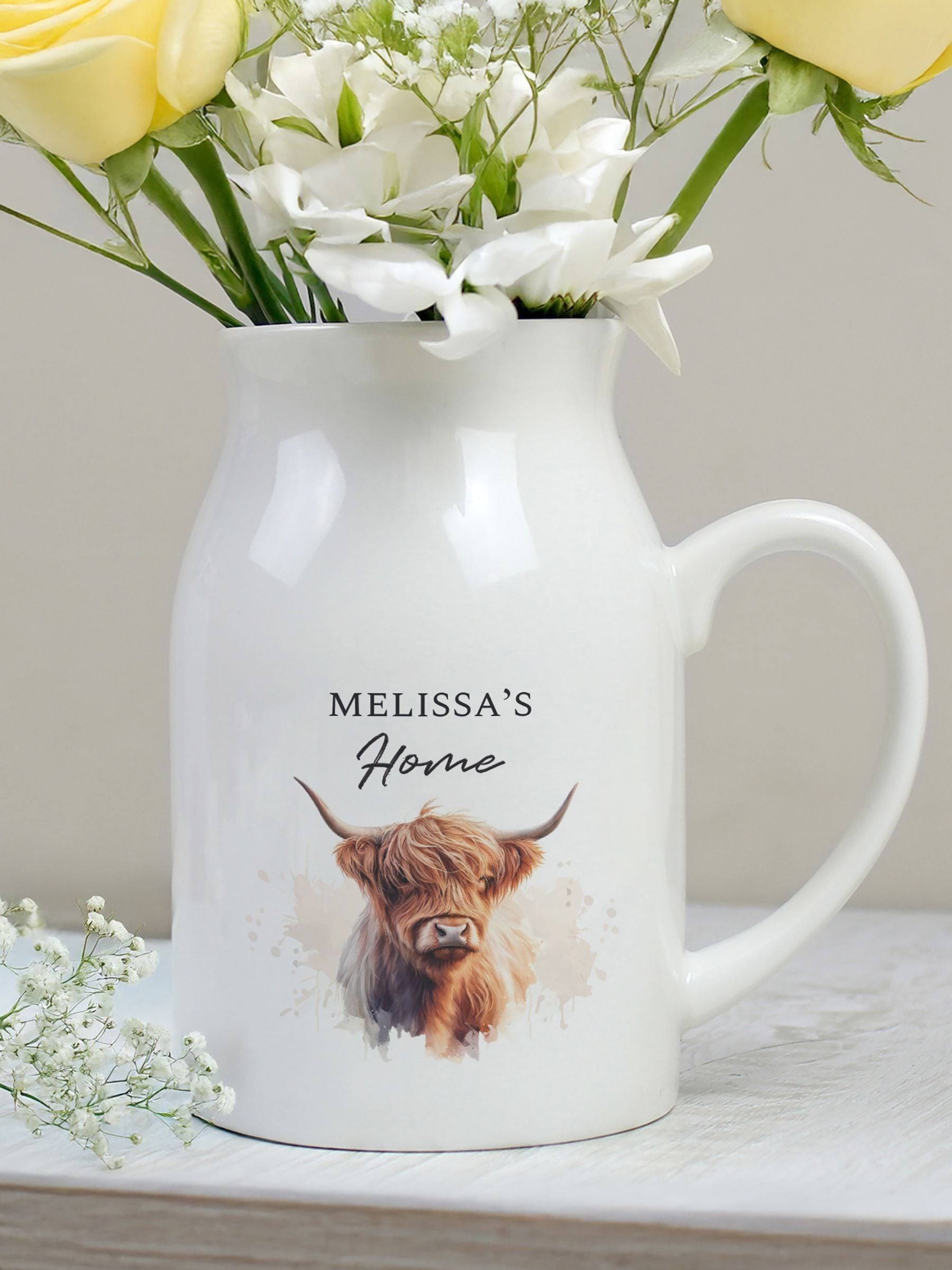 PMC Highland cow personalised jug vase, imported from the UK
