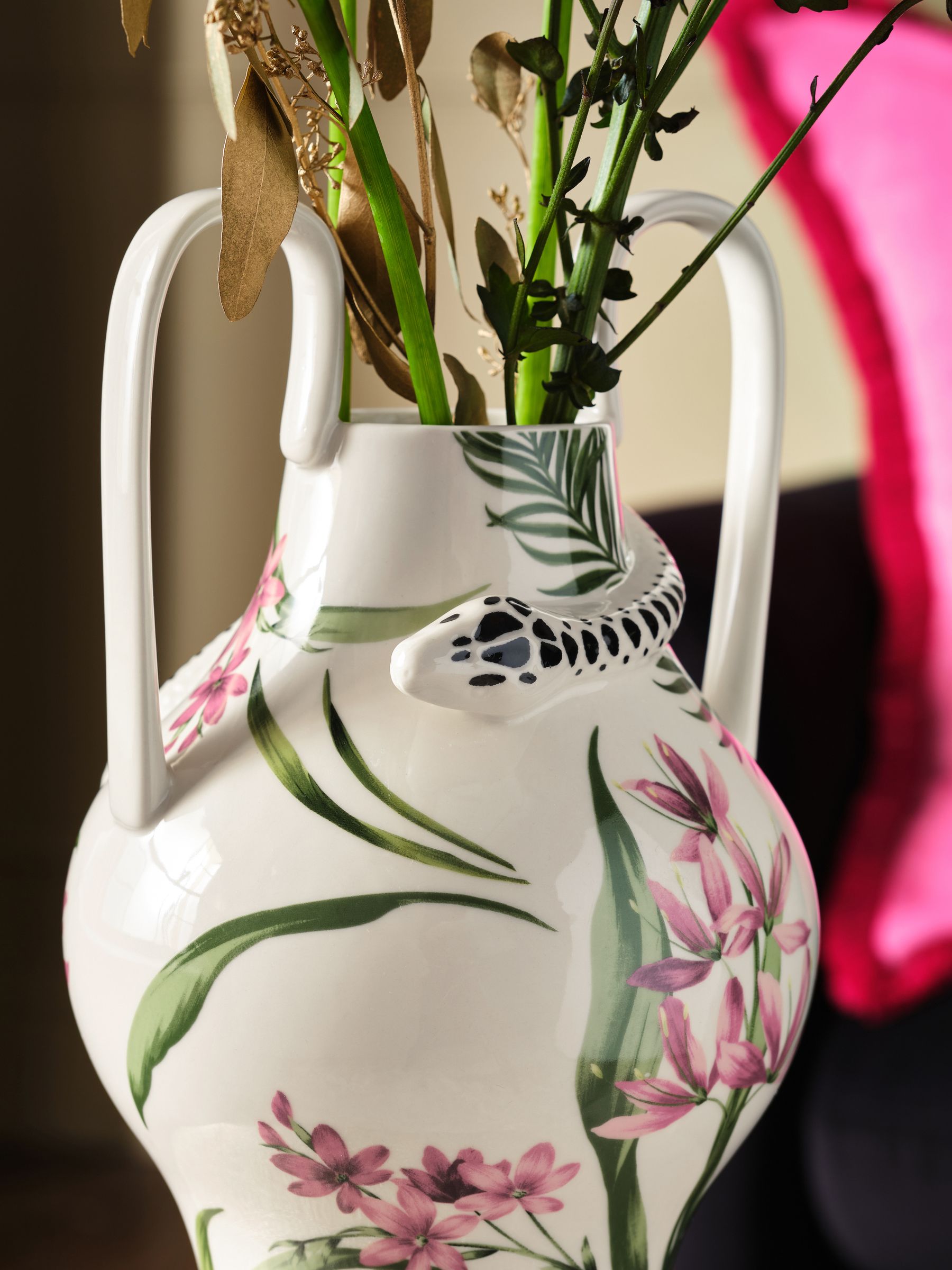 Hand painted tropical ceramic vase with handles 35cm, imported from the UK
