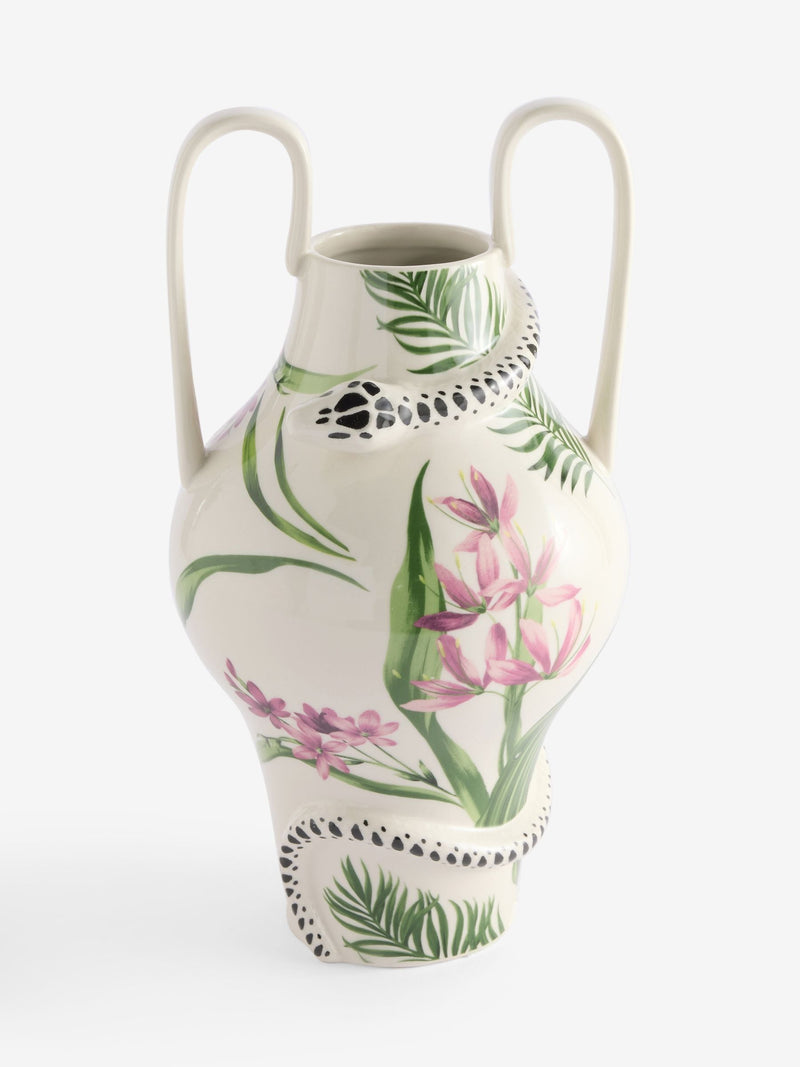 Hand painted tropical ceramic vase with handles 35cm, imported from the UK