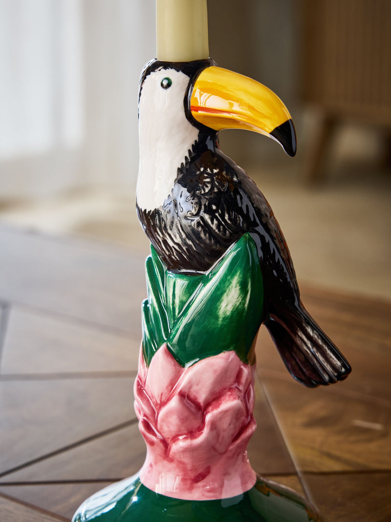Green toucan ceramic taper candle holder, imported from the UK