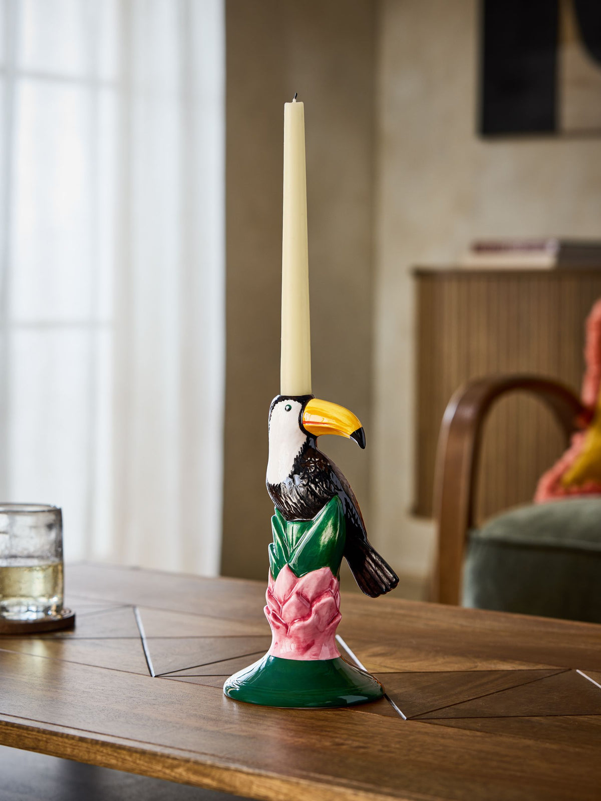 Green toucan ceramic taper candle holder, imported from the UK