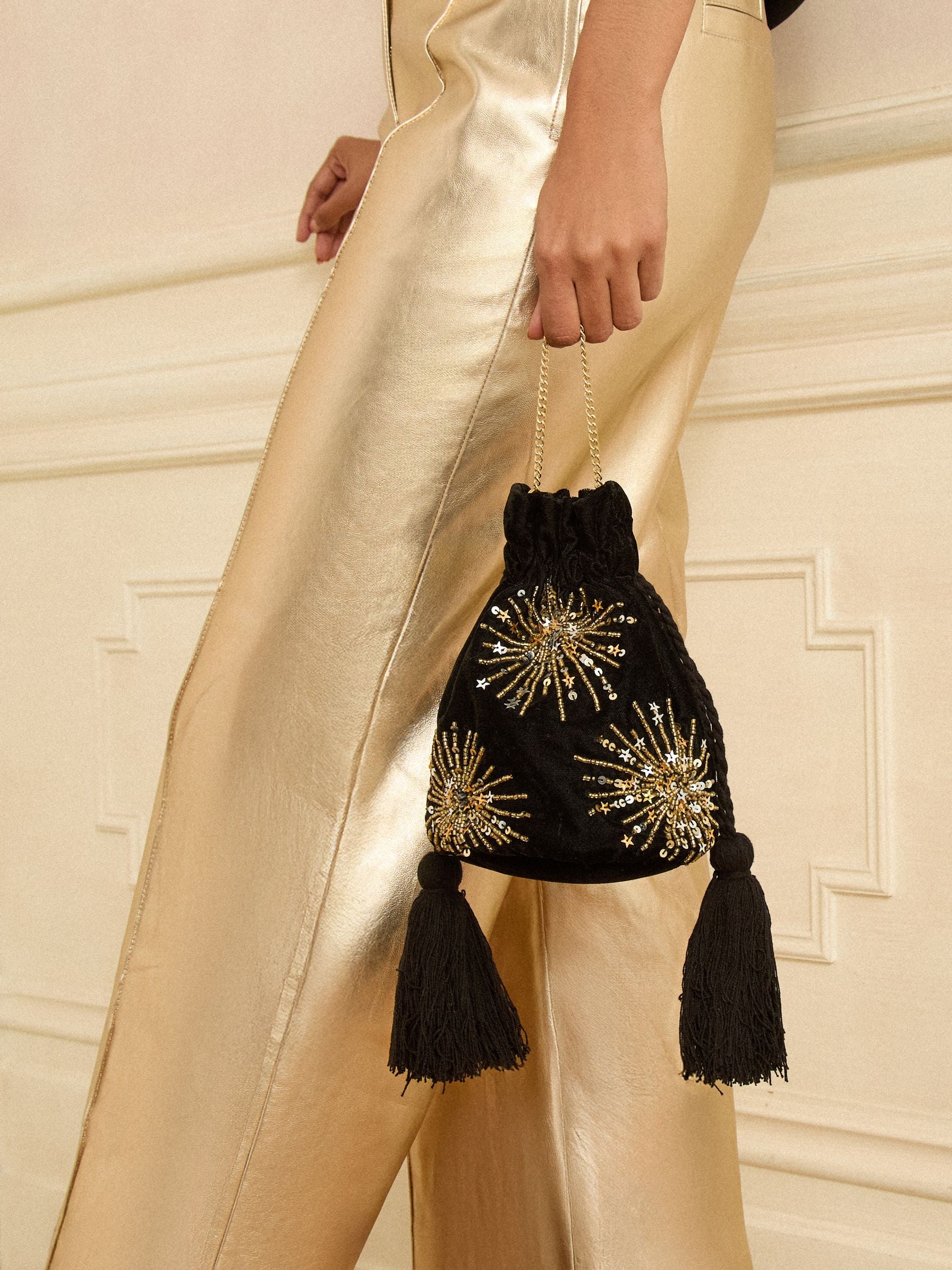 Love & Roses Navy Velvet Sequin Embellished Pouch Bag