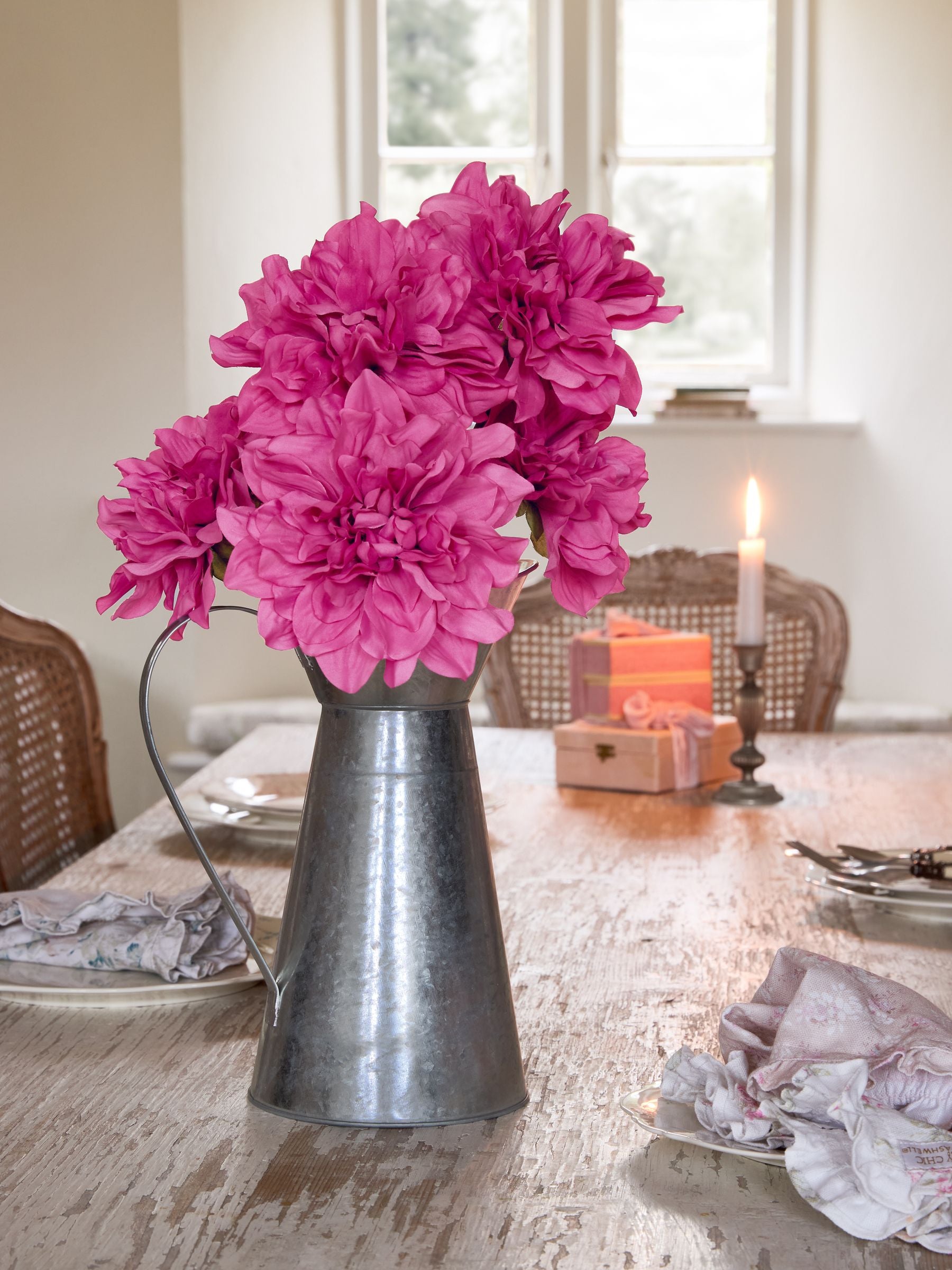 Shabby Chic pink artificial dahlias in metal jug (British brand)