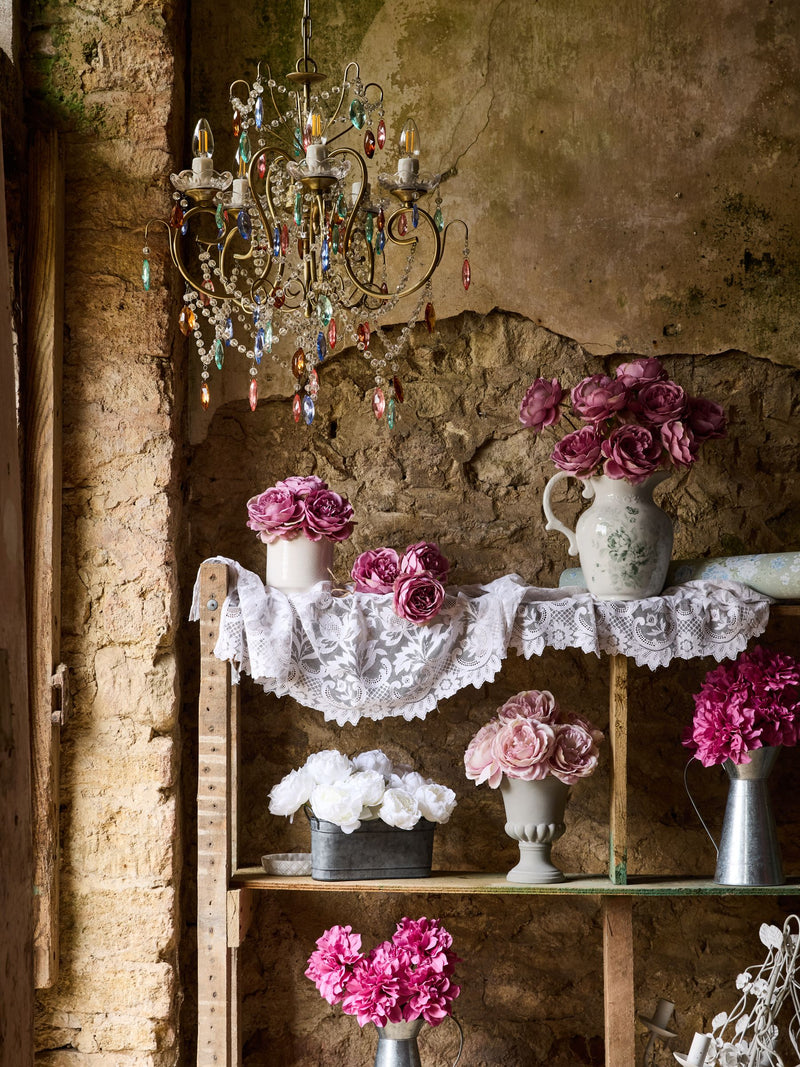 Shabby Chic pink artificial dahlias in metal jug (British brand)