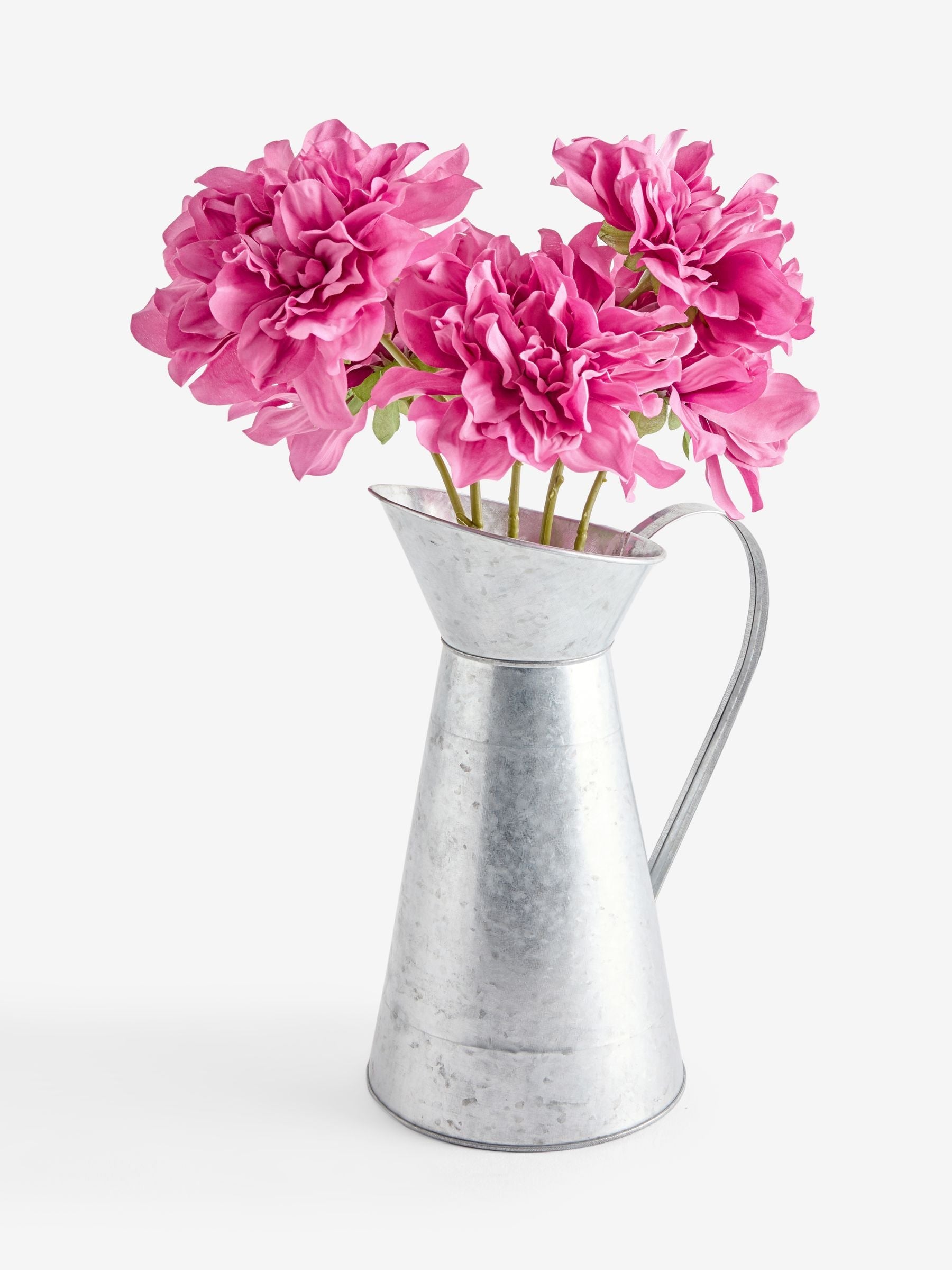 Shabby Chic pink artificial dahlias in metal jug (British brand)