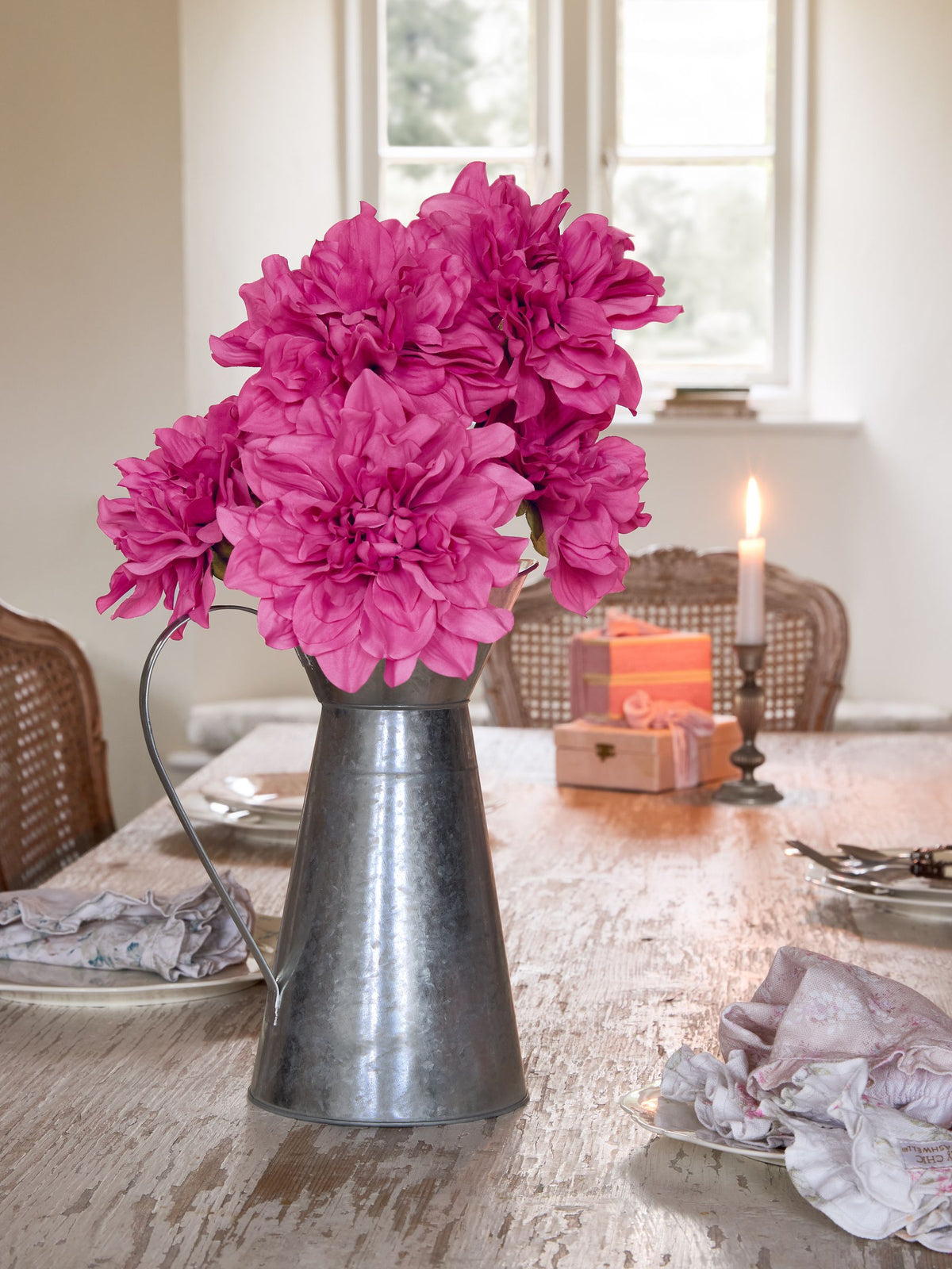 Shabby Chic pink artificial dahlias in metal jug (British brand)