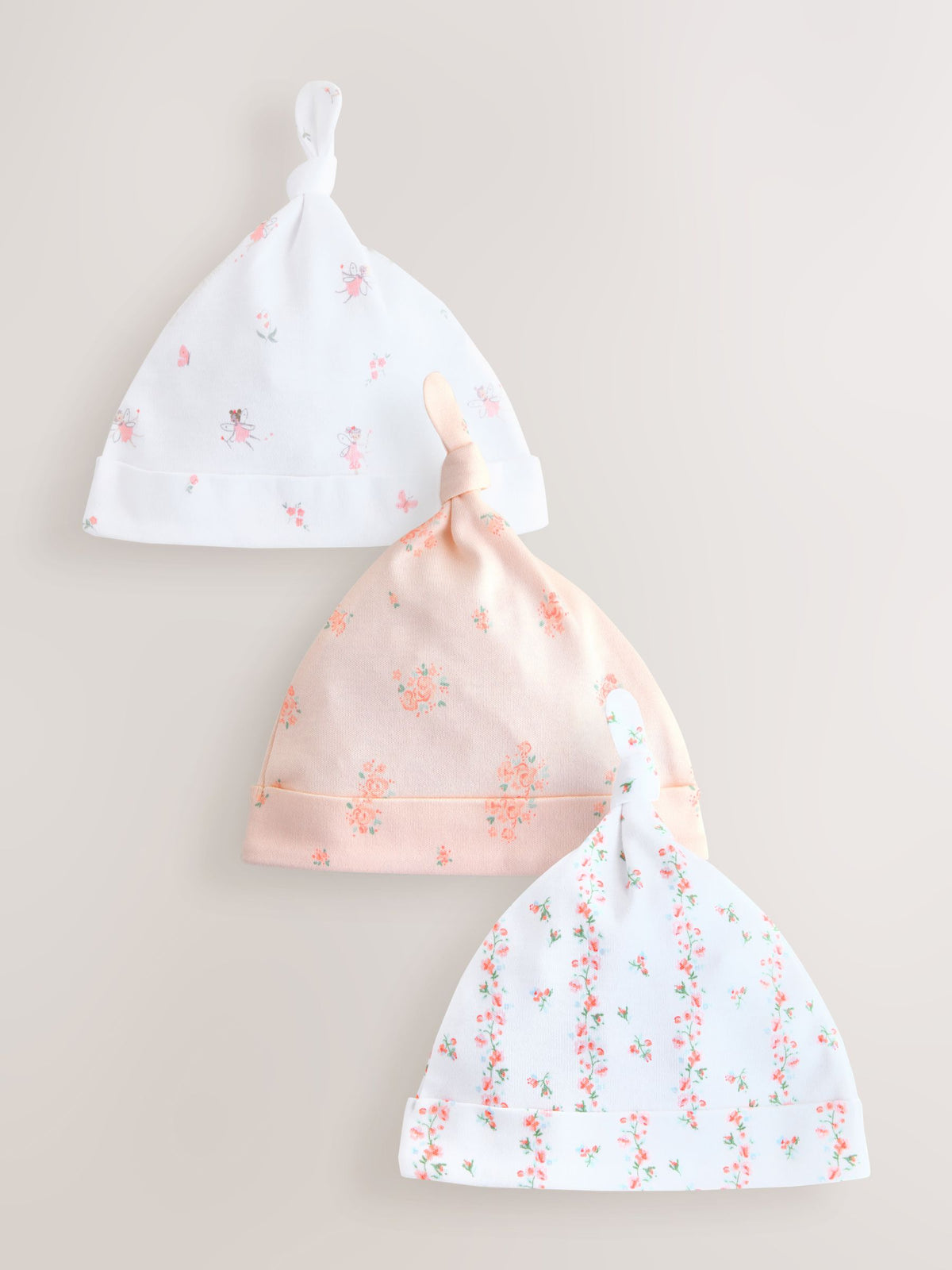 Baby beanies 3 pack pink/white tie top 0-12mths - British product