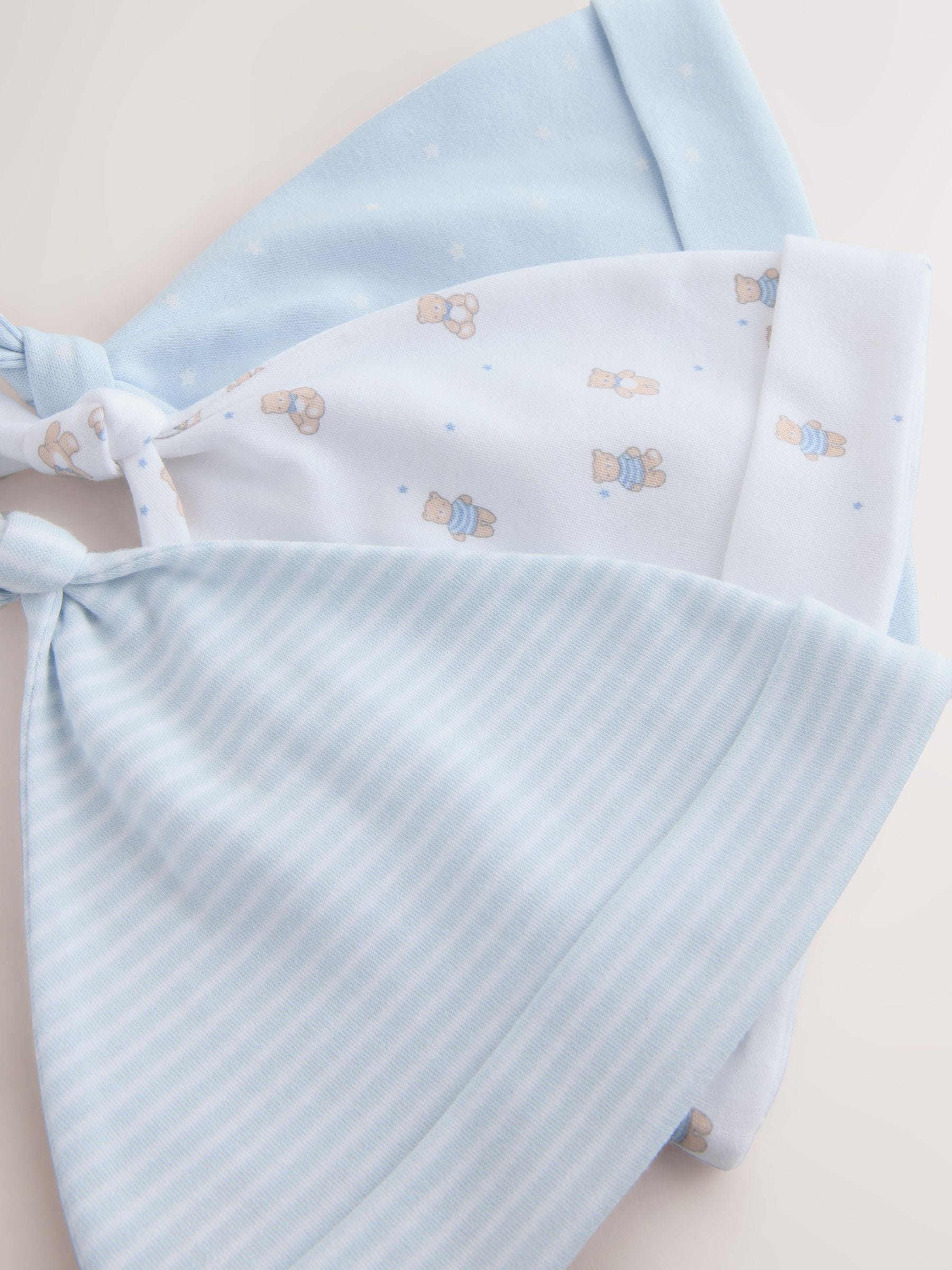 Blue tie top baby hats 3-pack 0-12 months, imported from the UK
