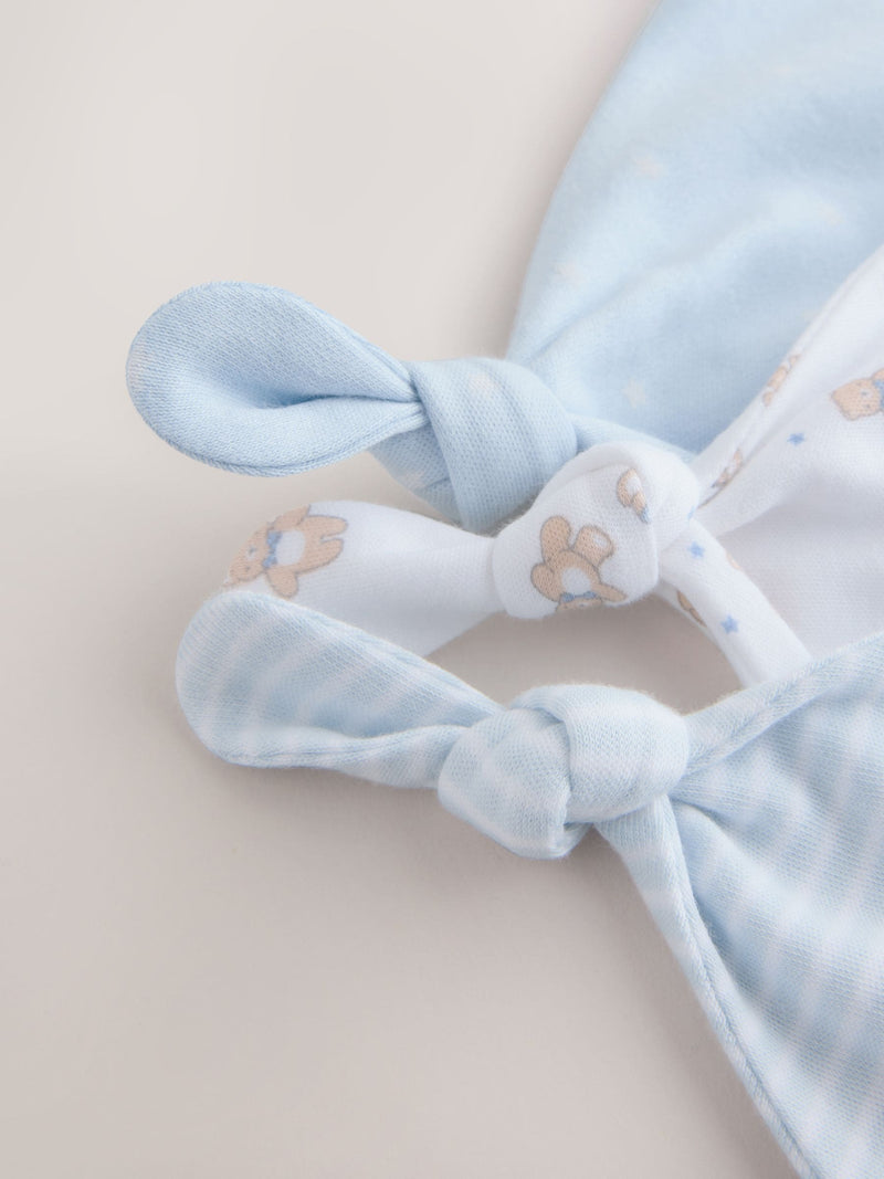 Blue tie top baby hats 3-pack 0-12 months, imported from the UK