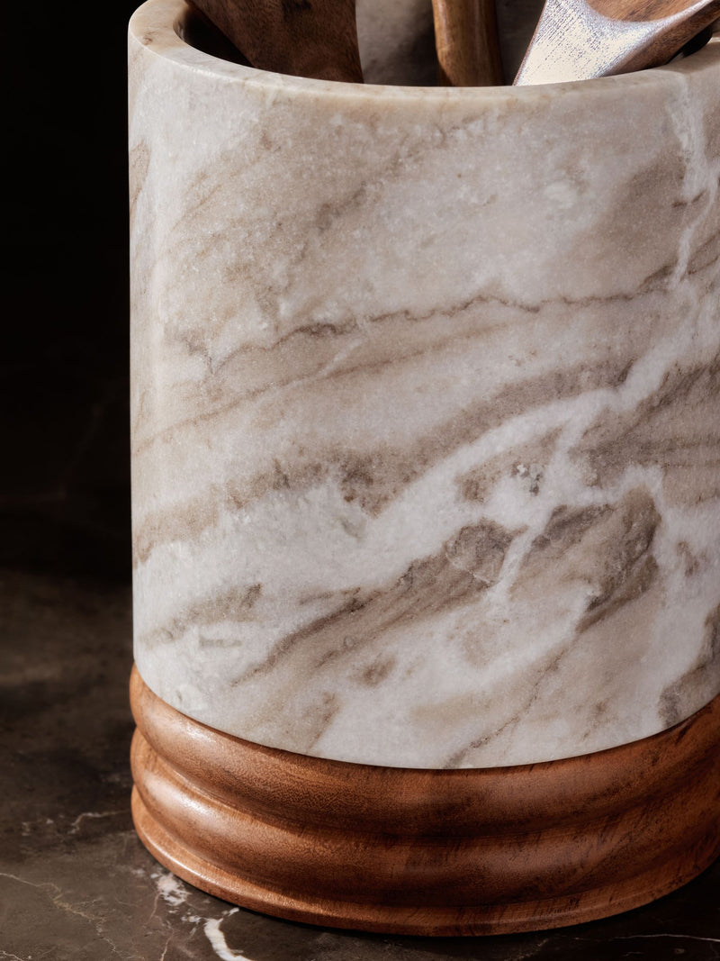 Natural N marble and wood utensil pot - British product