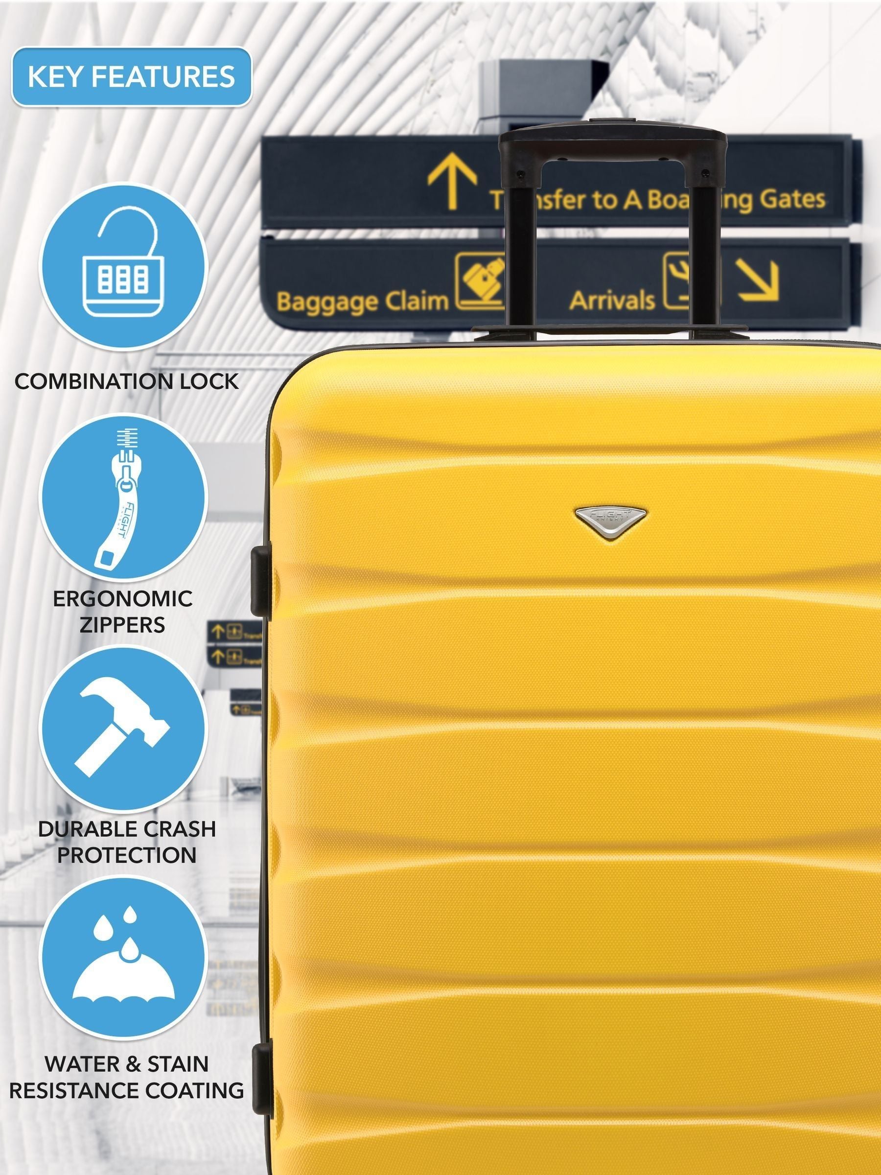 Flight Knight hardcase luggage set in yellow, UK version