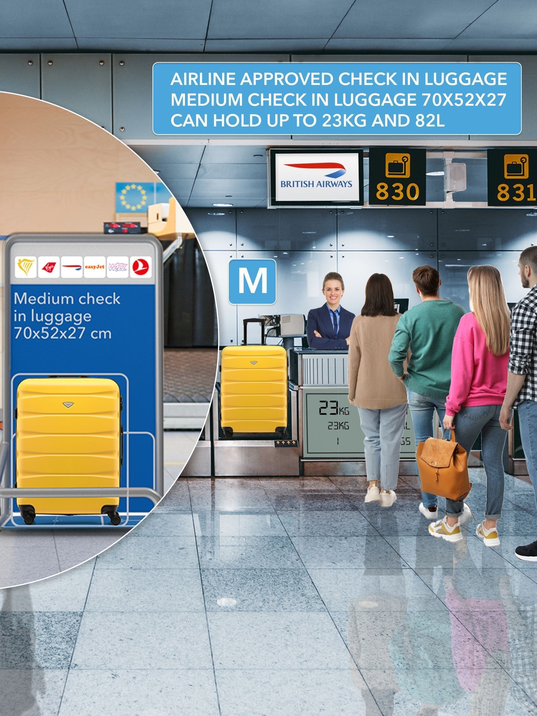 Flight Knight hardcase luggage set in yellow, UK version