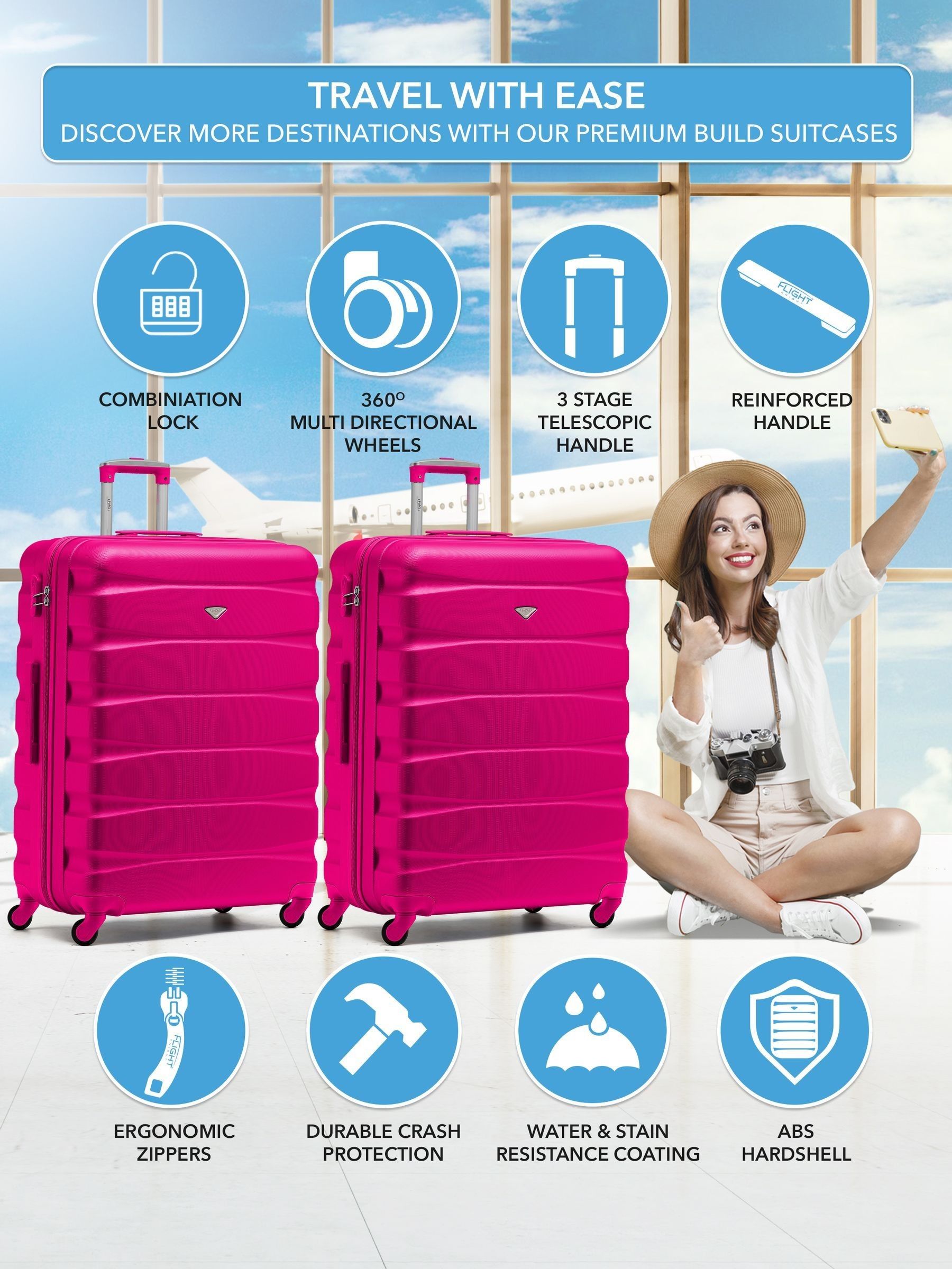 Flight Knight pink hardcase luggage set of 2, imported from the UK
