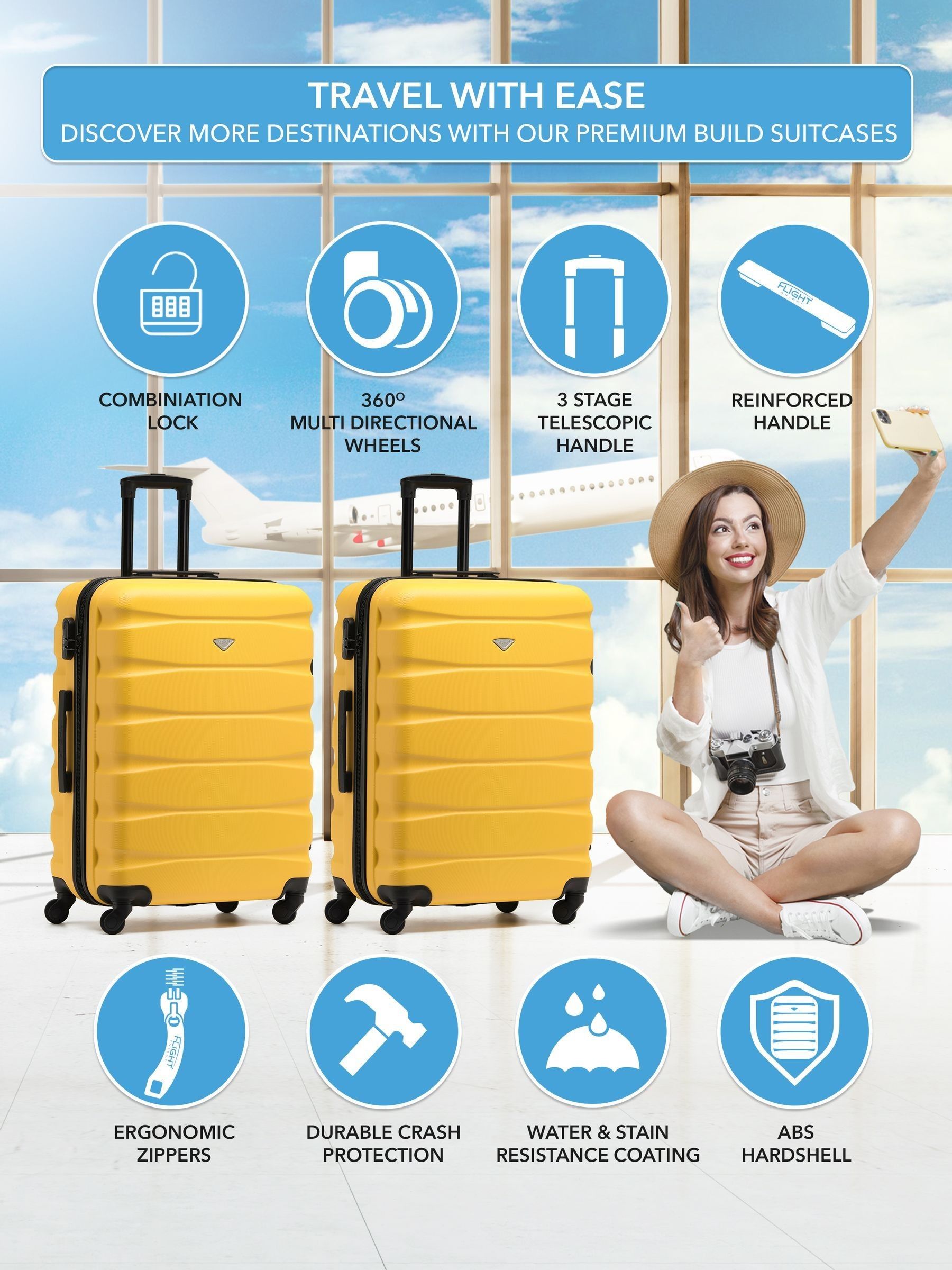 Flight Knight yellow medium hardcase suitcase set, UK version