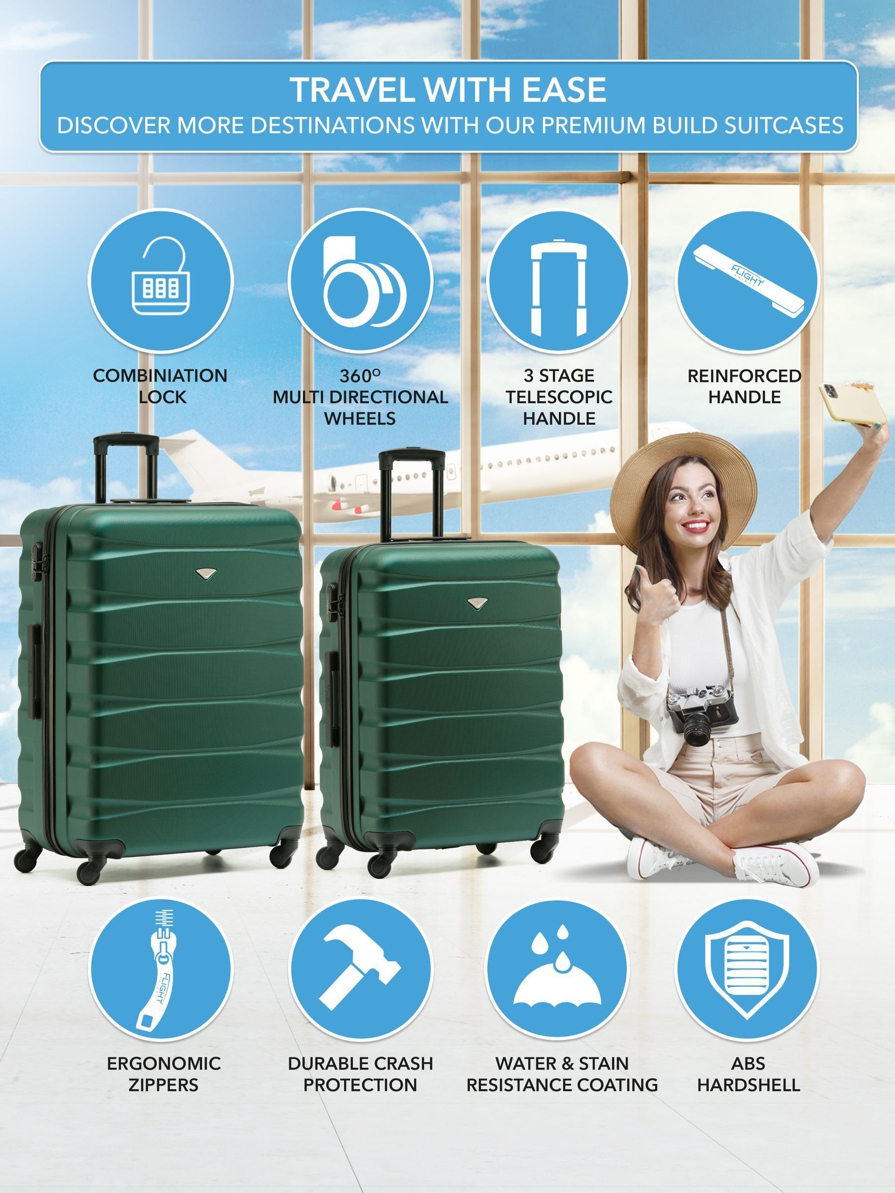 Flight Knight green luggage set medium and large, imported from the UK