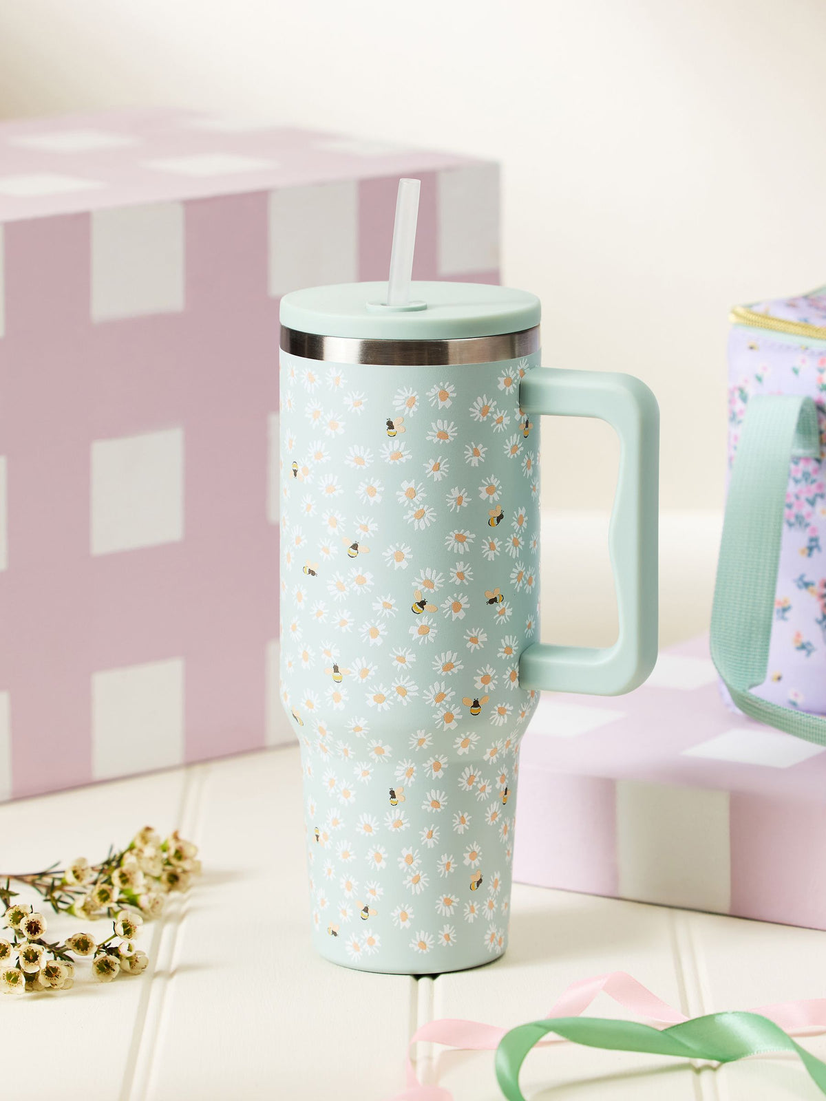 Maisie water bottle sage green floral bee print 1.2L, imported from the UK