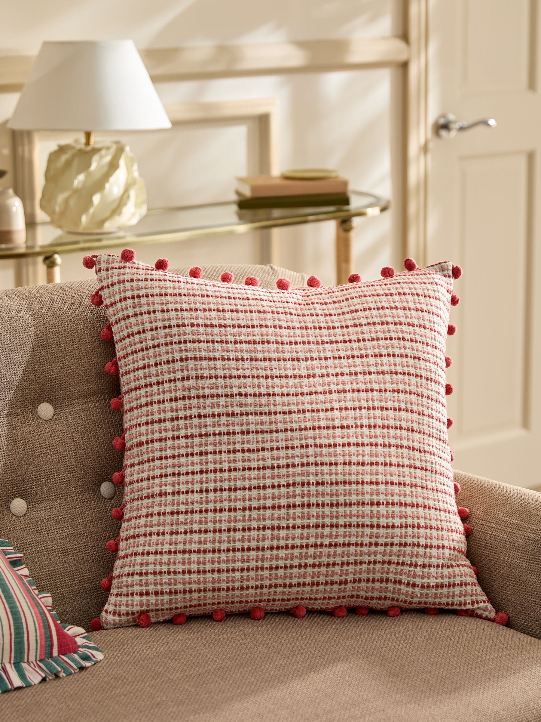 Nina Campbell red woven pom cushion 50cm, UK version