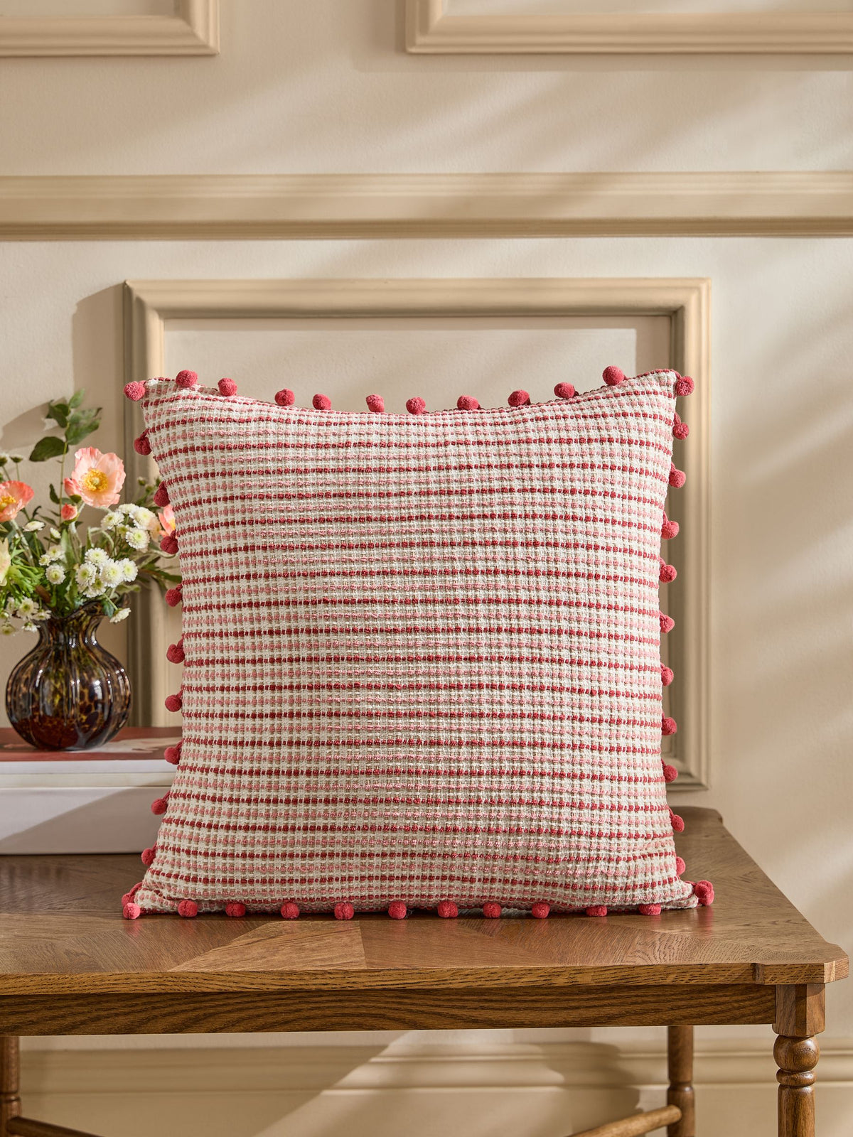 Nina Campbell red woven pom cushion 50cm, UK version
