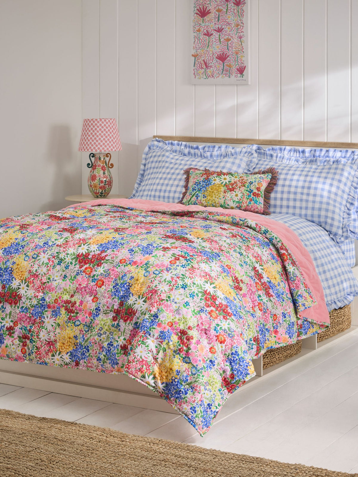 Lucy Tiffney pink periwinkle floral quilted velvet bedspread (British brand)