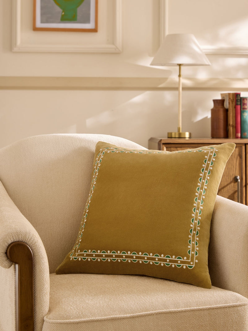 Nina Campbell ochre embroidered cushion 50cm, UK version