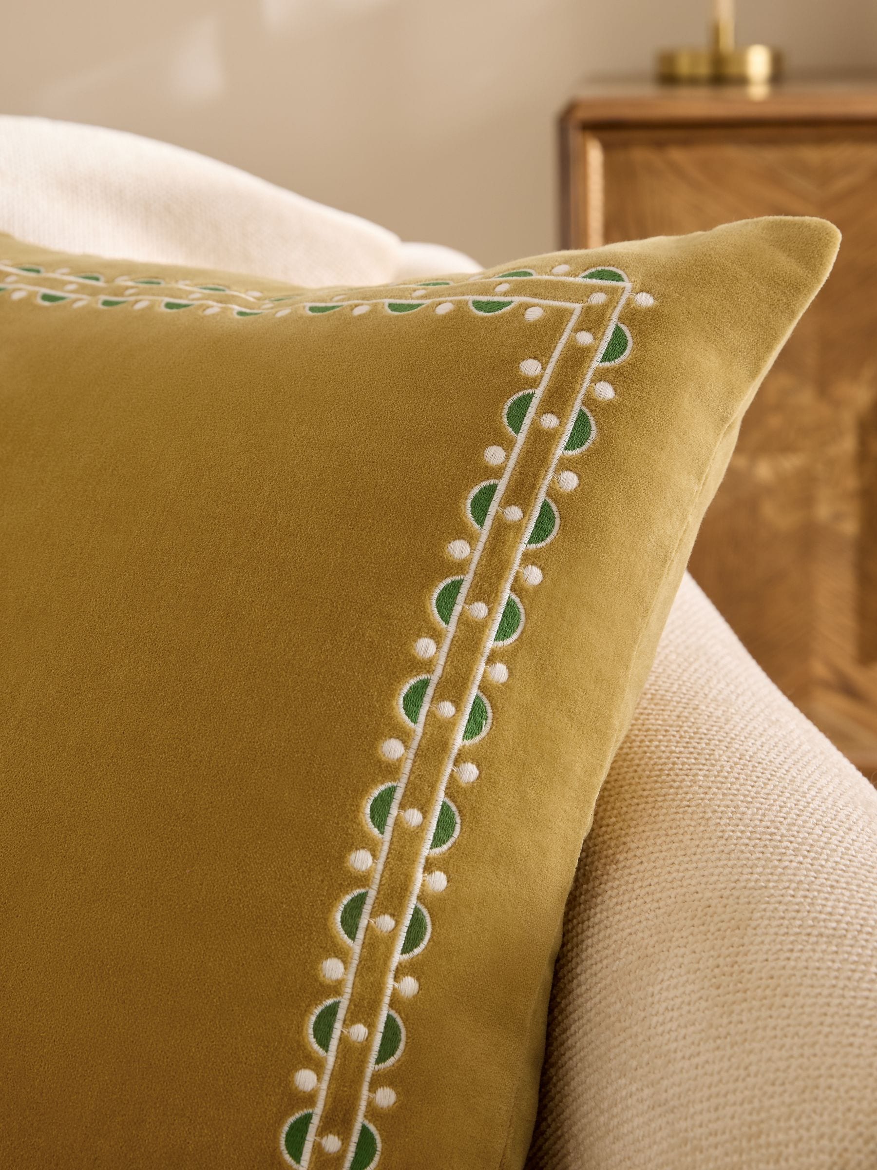 Nina Campbell ochre embroidered cushion 50cm, UK version