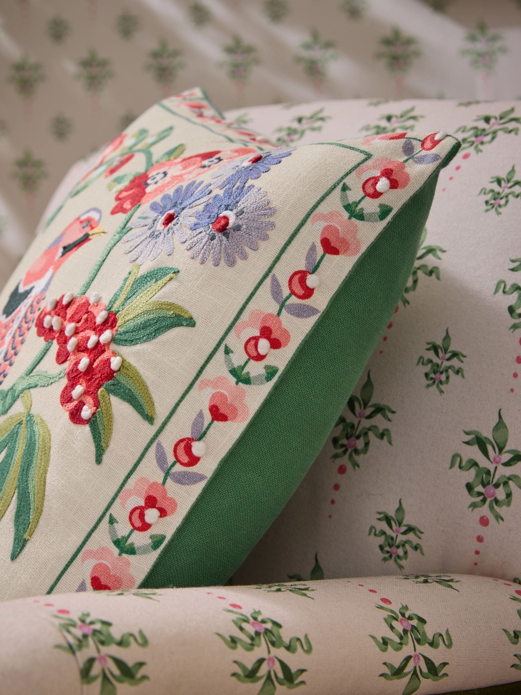 Cath Kidston embroidered birds and berries cushion 45cm, UK version