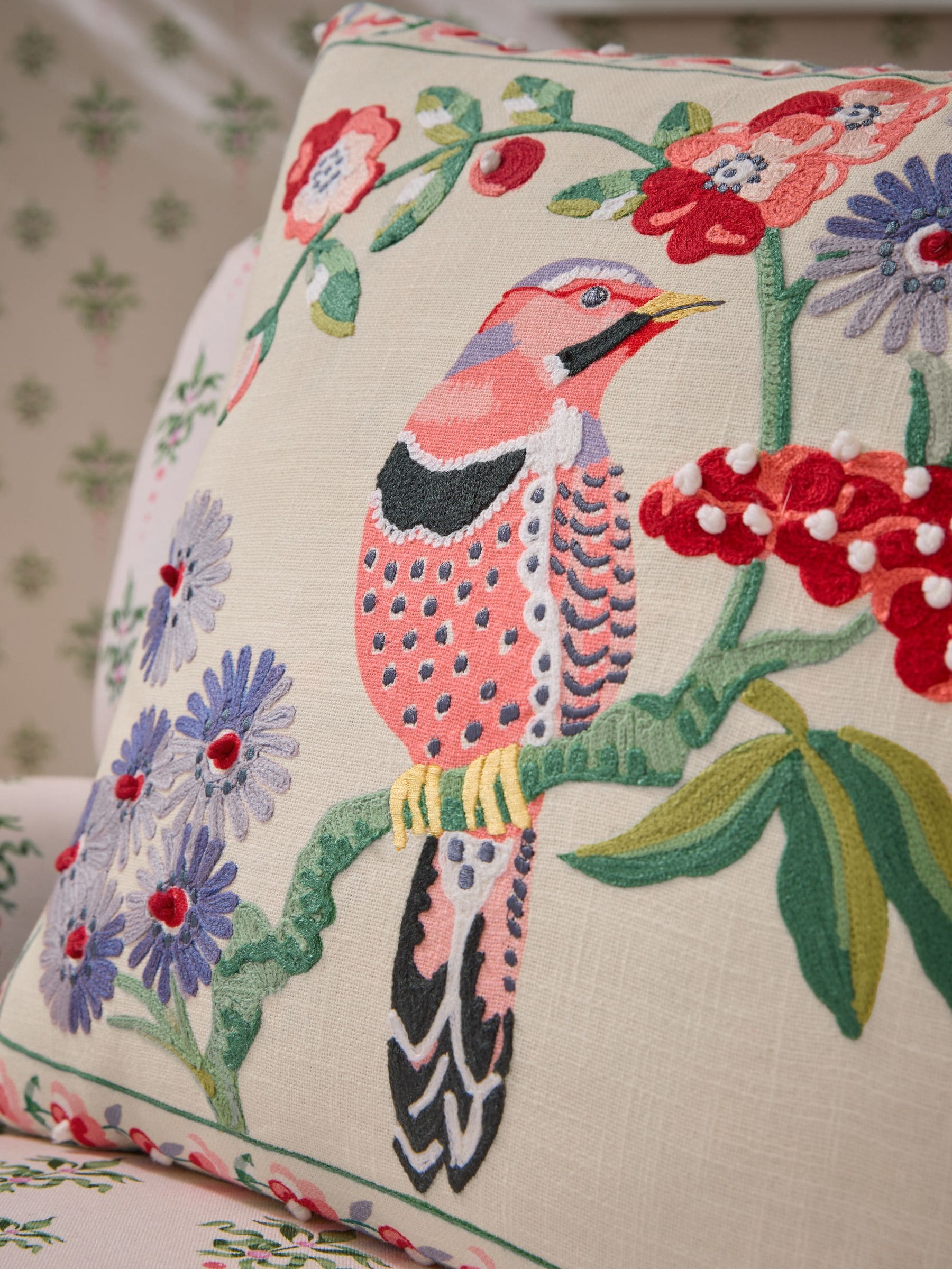 Cath Kidston embroidered birds and berries cushion 45cm, UK version