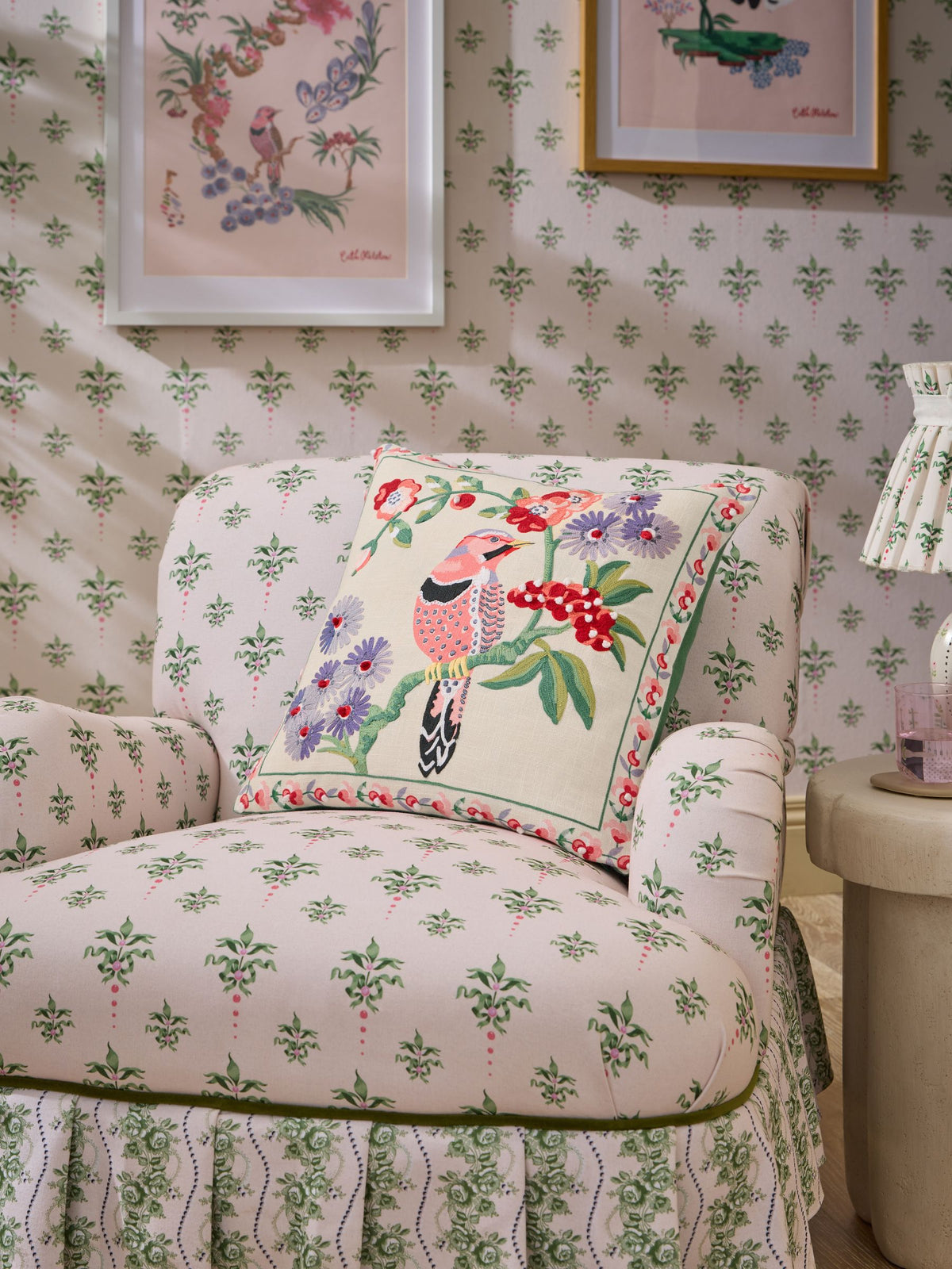 Cath Kidston embroidered birds and berries cushion 45cm, UK version