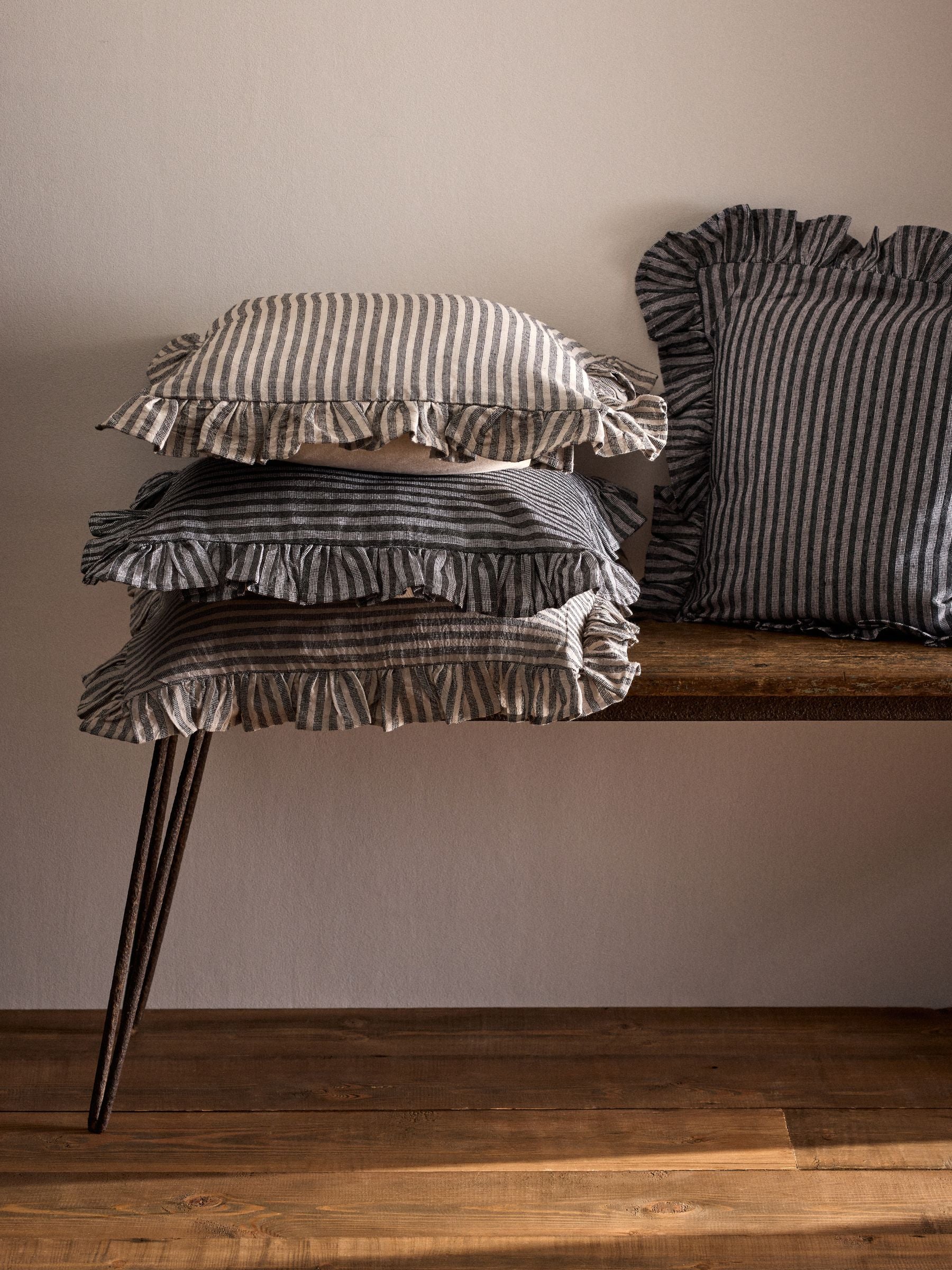 The Set 4 Pack Black/Natural Stripe Ruffle Cotton Cushion Covers