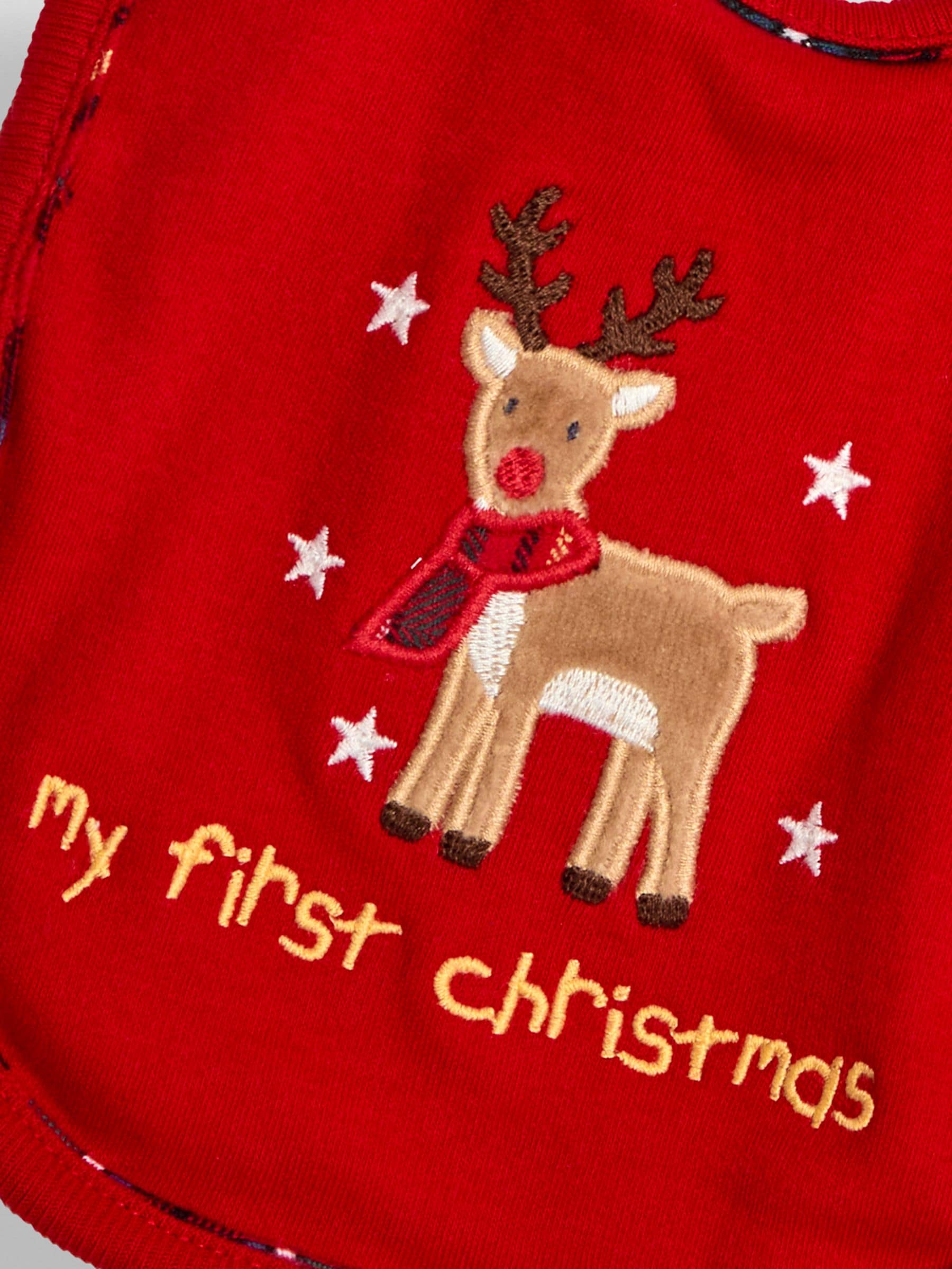 JoJo Maman Bébé red reindeer first Christmas bib (British brand)