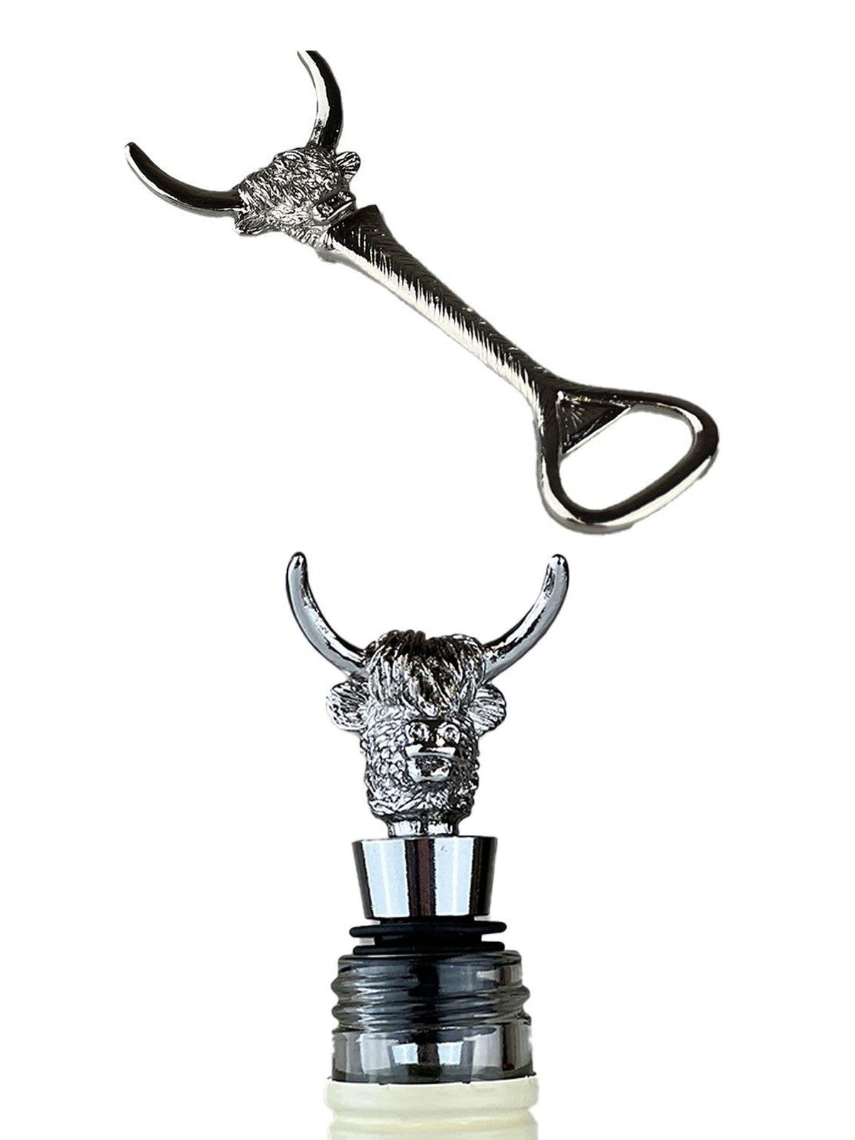 Selbrae House Silver Highland Cow Bottle Opener and Stoppper Duo