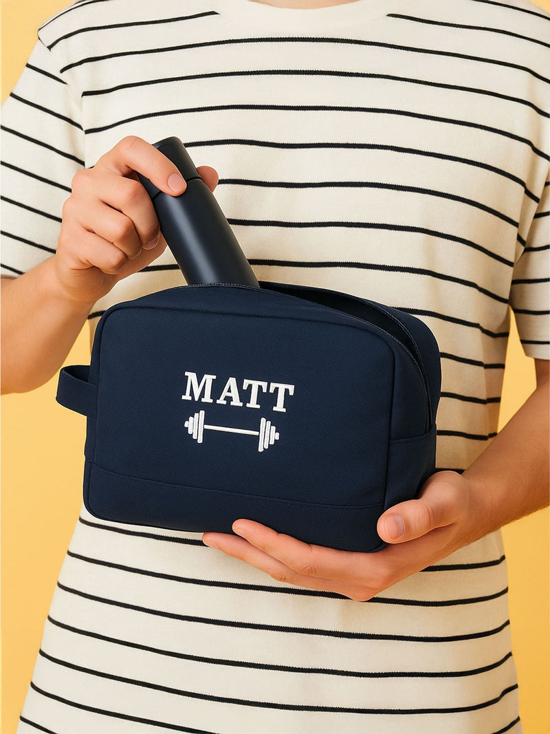 Jonnys Sister personalised gym wash bag, custom with initials and name (British brand)
