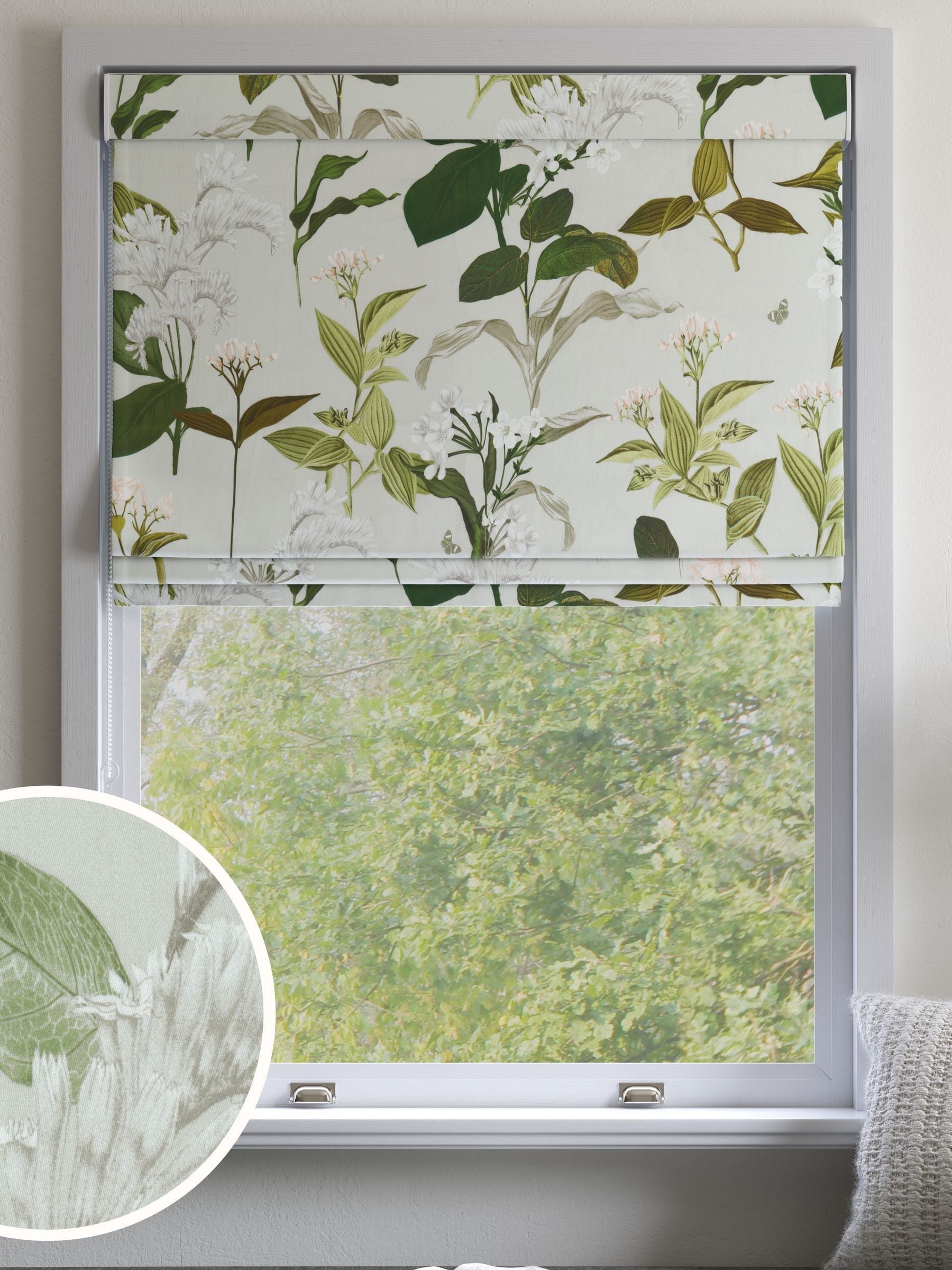 Green floral Roman blinds 910x910mm, imported from the UK