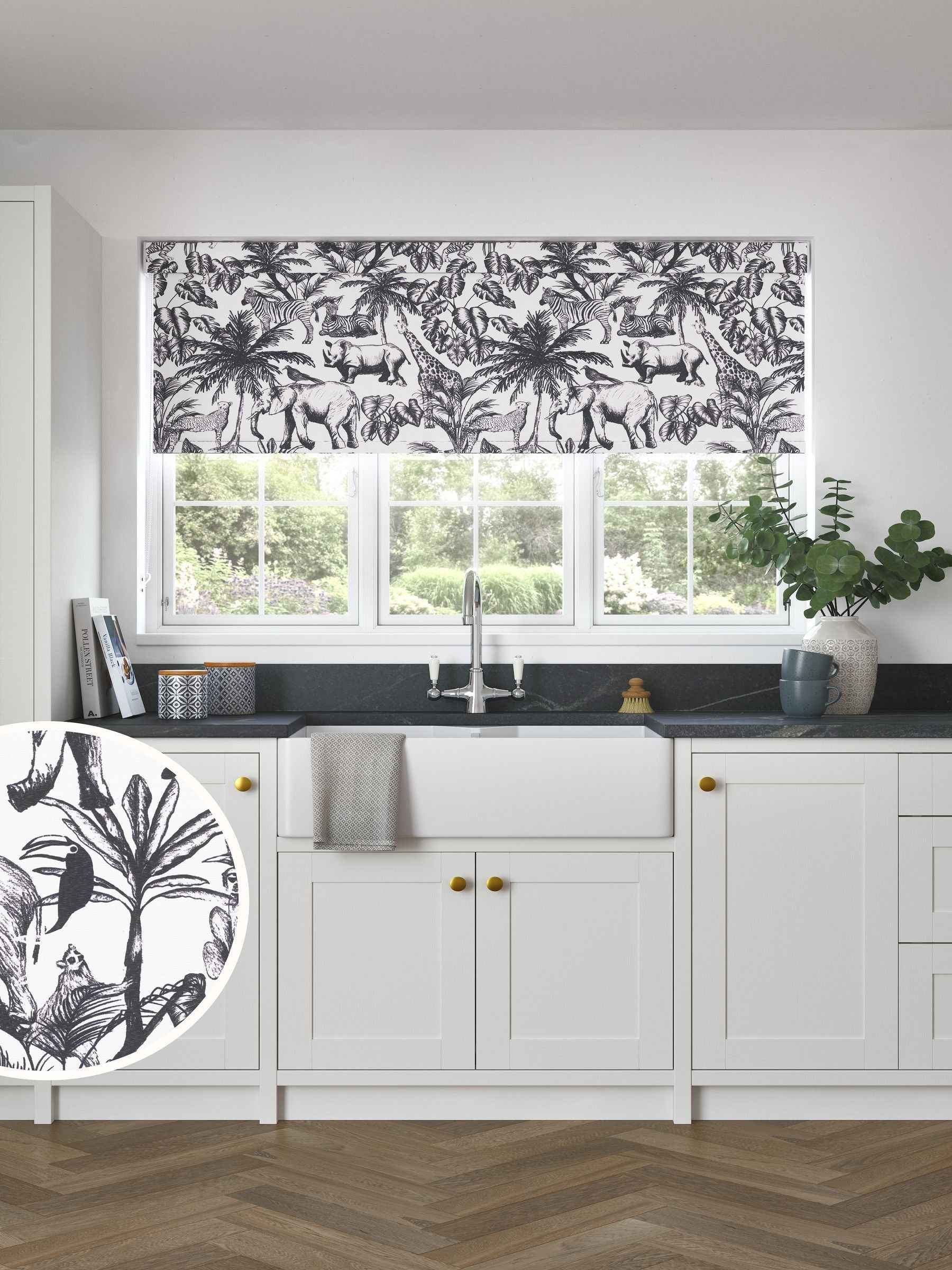 Black and white safari animal roller blind made to measure (British brand)