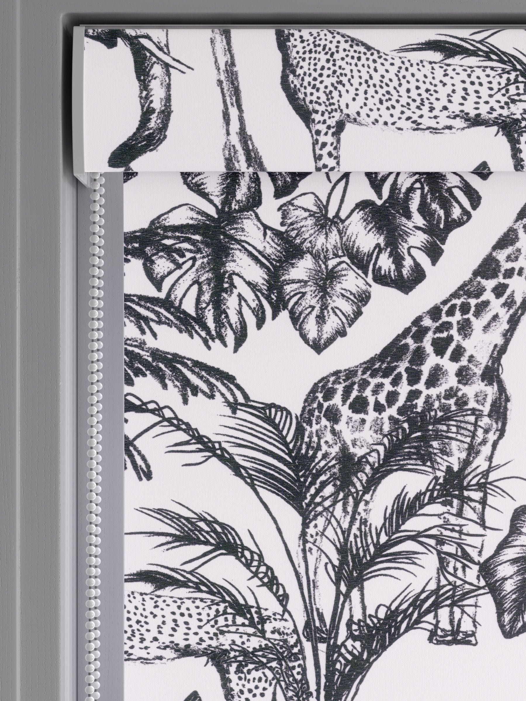 Black and white safari animal roller blind made to measure (British brand)