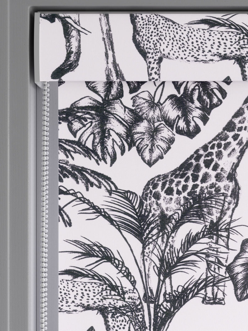 Black and white safari animal roller blind made to measure (British brand)